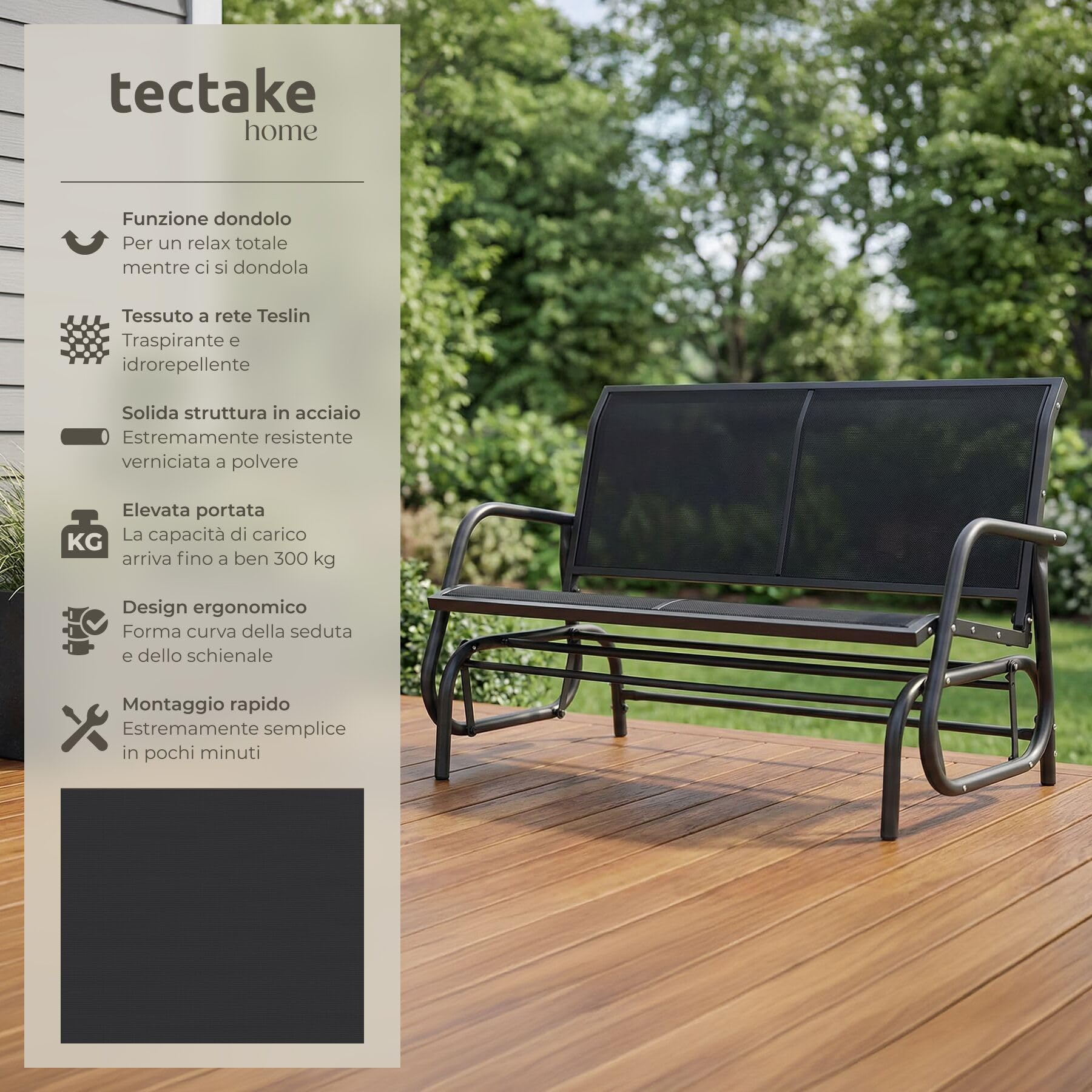 tectake® Panca da Giardino con Meccanismo Basculante, Panchina da Esterno a Dondolo 2 Posti, Telaio in Acciaio Verniciato, Panca con Schienale, 121 x 72 x 86,5 cm - Nero