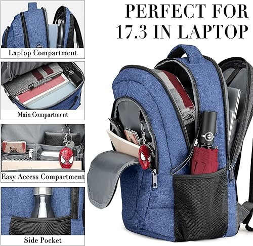 Miniatura 2 de BIKROD Mochila impermeable extragrande para mujeres y hombres, color azul, mochila para laptop con puerto de carga USB, diseño antirrobo, compatible