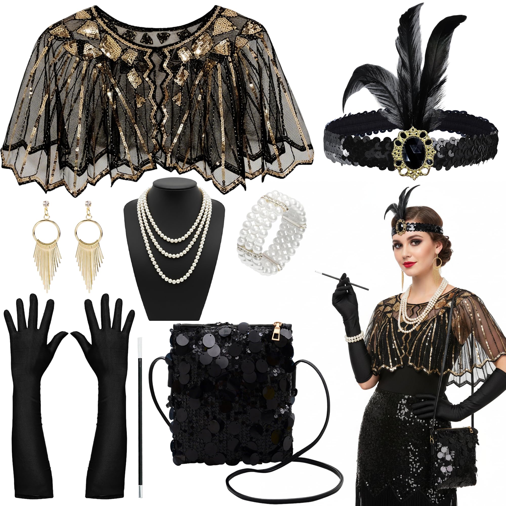Fictoria Flapper Great Gatsby Accessories - Roaring 20s Theme Costume Set with Feather Headband Shawl, Ladies Charleston Fancy Dress Vintage for 1920s Women Cosplay