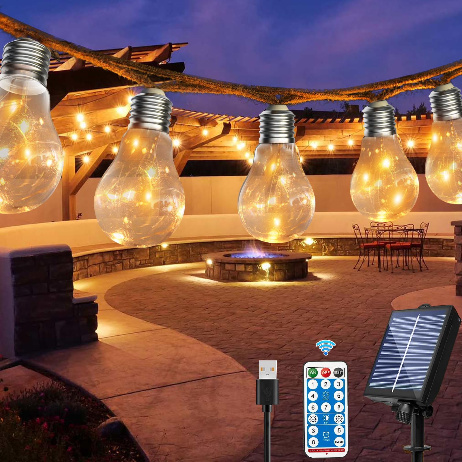 Romwish Guirnaldas Luces Exterior Solar, 9M Guirnaldas Luces Exterior con USB Recargable, 8 Modos & Impermeable Luces Solares LED Exterior Jardinn para Patio, Terraza, Balcón, Fiestas, Bodas