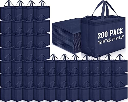 200 bolsas de comestibles reutilizables de 12.6 x 11.8 x 6.3 pulgadas, grandes bolsas de compras no tejidas plegables y portátiles a granel
