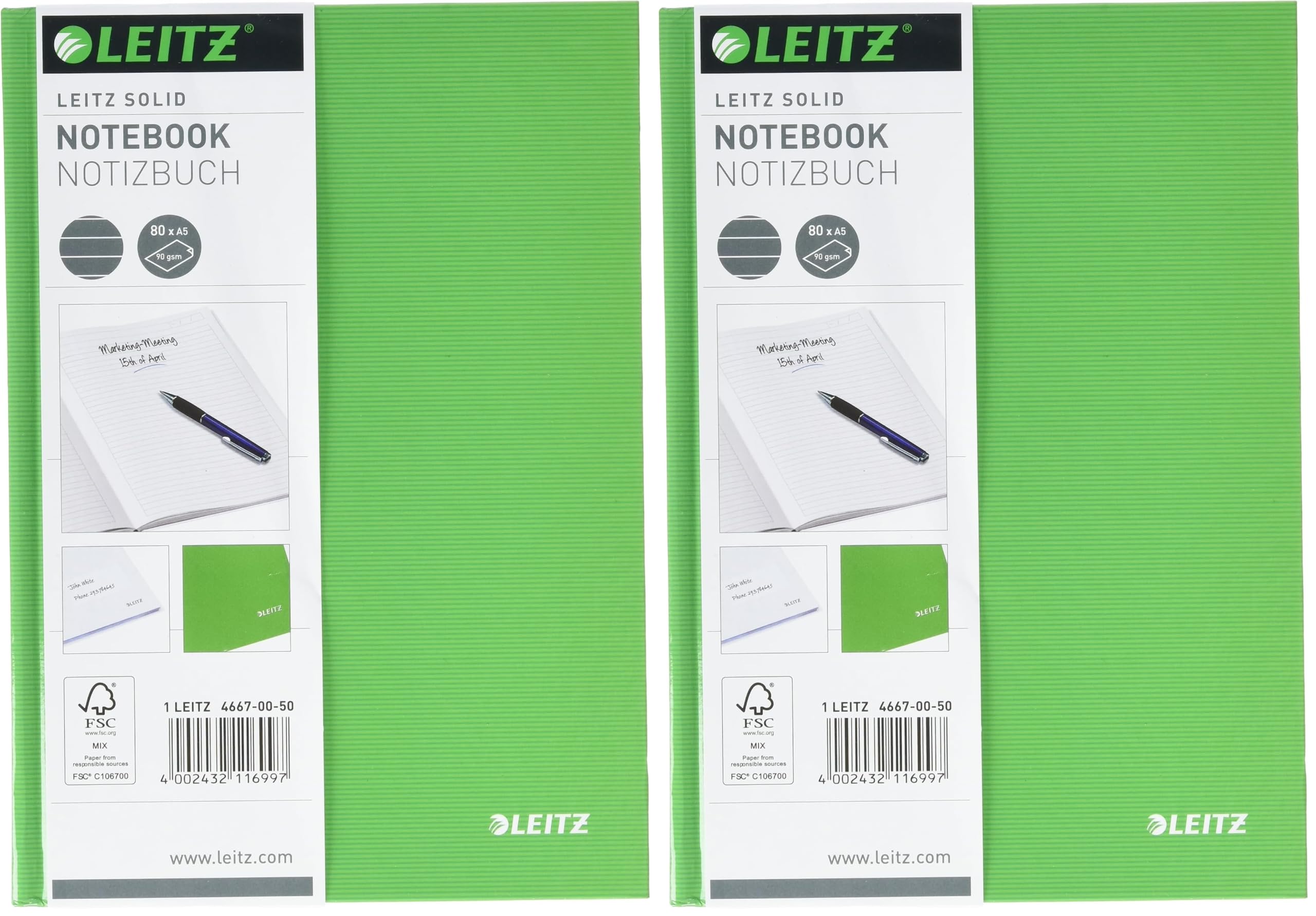 Leitz A5 Notizbuch liniert, 160 Seiten, 80 Blatt FSC zertifiziertes 80 g/m² Papier, Stabiler, kratzfester Hardcover-Einband, Für Büro, Schule oder als Tagebuch, Solid Serie, Hellgrün, 46670050