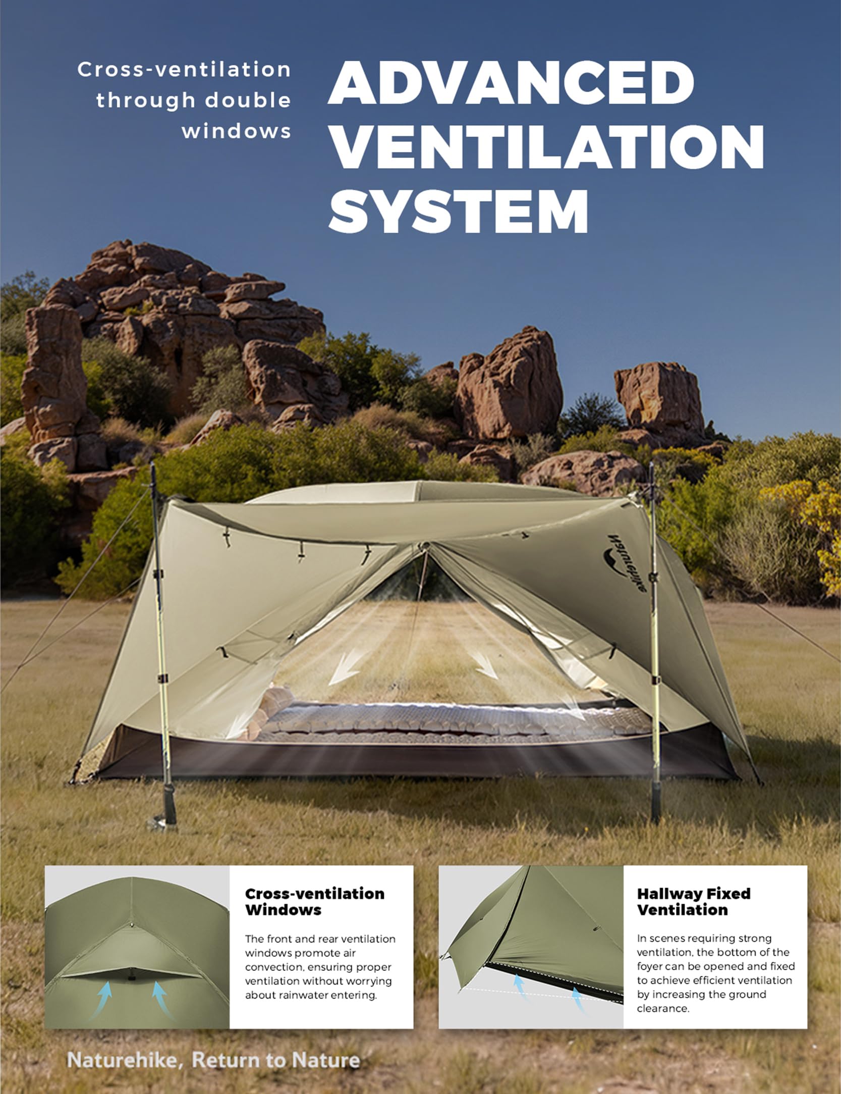 Naturehike Mongar Pro Tente de trekking ultra légère autoportante 20D | Tente autoportante 3 saisons en silnylon 20D avec PU3000 mm, seulement 1,46 kg et variantes de montage polyvalentes.