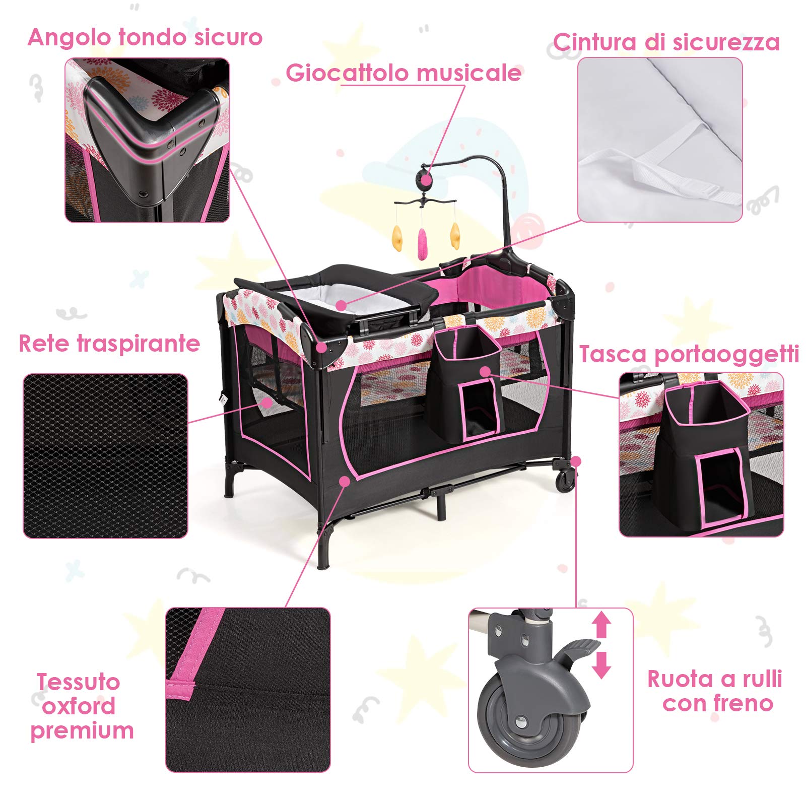 COSTWAY 3 in 1 Lettino da Campeggio per Bambini, Culla per Neonati con Materasso Pieghevole, Fasciatoio, Giocattoli e Ruote, Box per Bambini 0-36 Mesi, 107 x 72 x 119 cm (Rosa)