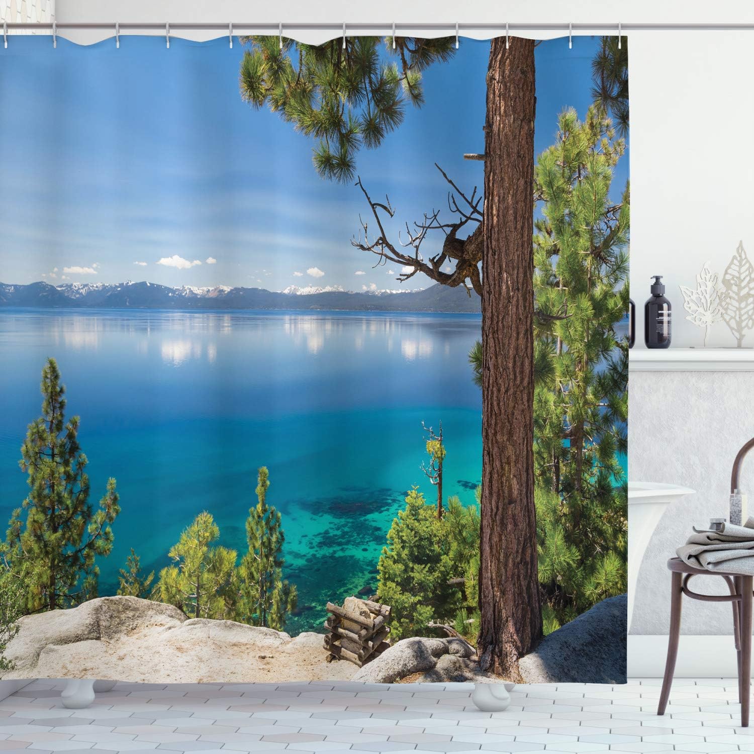 Ambesonne Lake Shower Curtain, Panoramic Perspective from East Shore Pine Trees and Reflections Image, Cloth Fabric Bathroom Decor Set with Hooks, 69" W x 70" L, Green Aqua