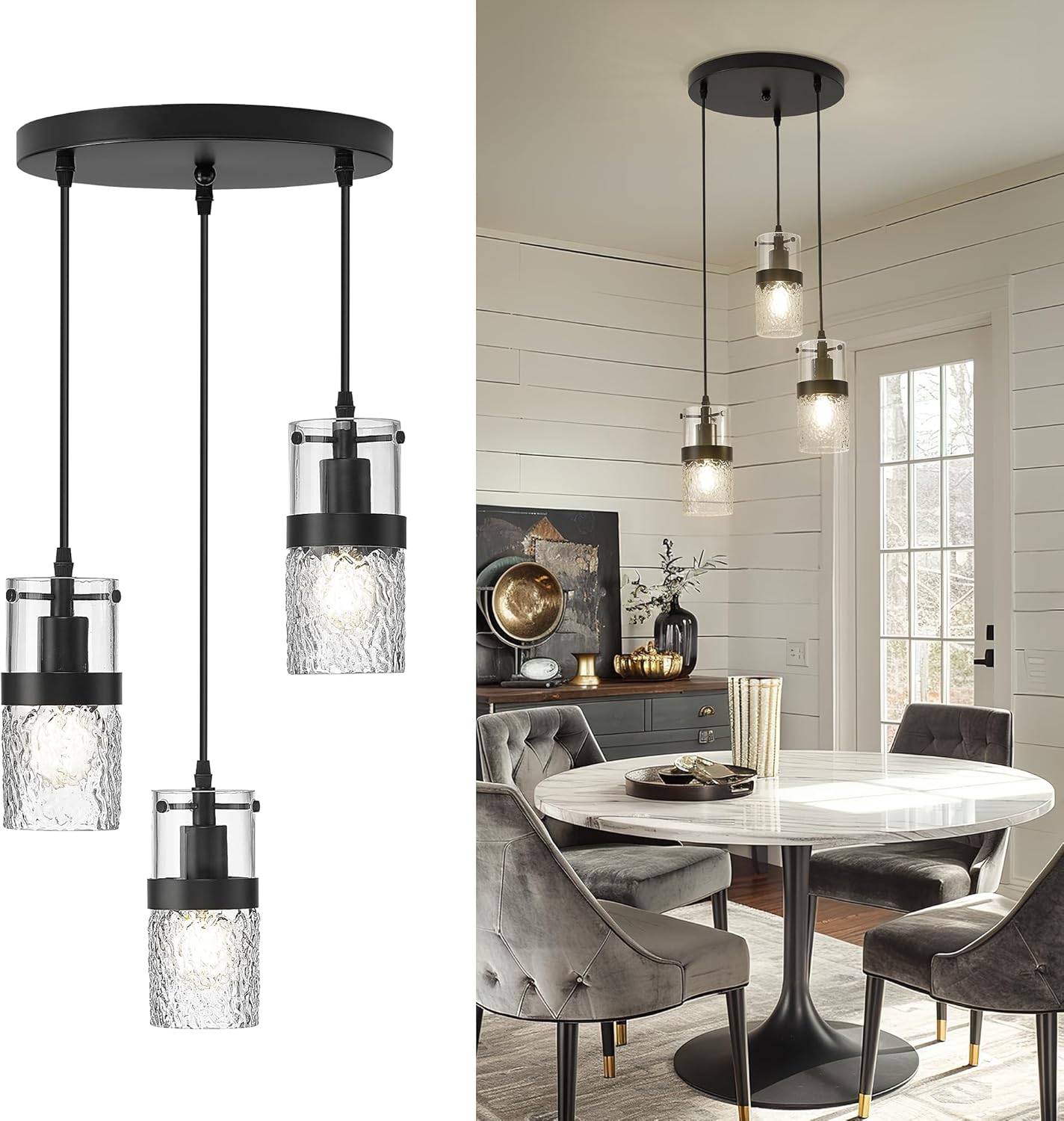 LMS Black 3-Light Pendant Fixtures, Adjustable Kitchen Hanging Light Fixture, Cluster Pendant Lights, LMS-188 Black -Hammered Glass 3.5" Hammered Glass, 3-Light