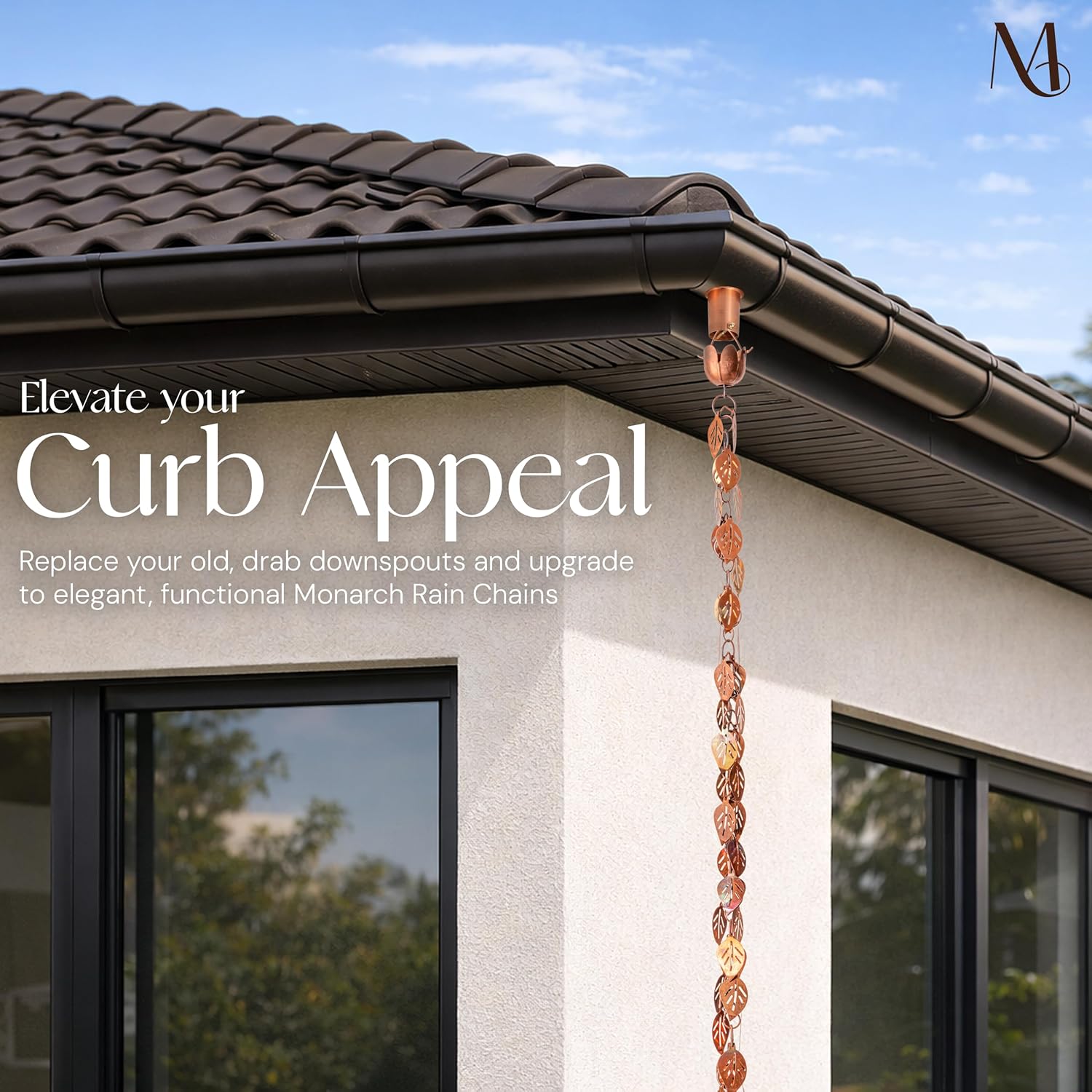 Monarch Rain Chains Pure Copper Cascading Leaves Rain Chains for Gutters – 8.5 ft Decorative Rainchain Outdoor Durable Heavy Duty Gutter Chain Downspout Replacement, Modern Rainchains for Outside