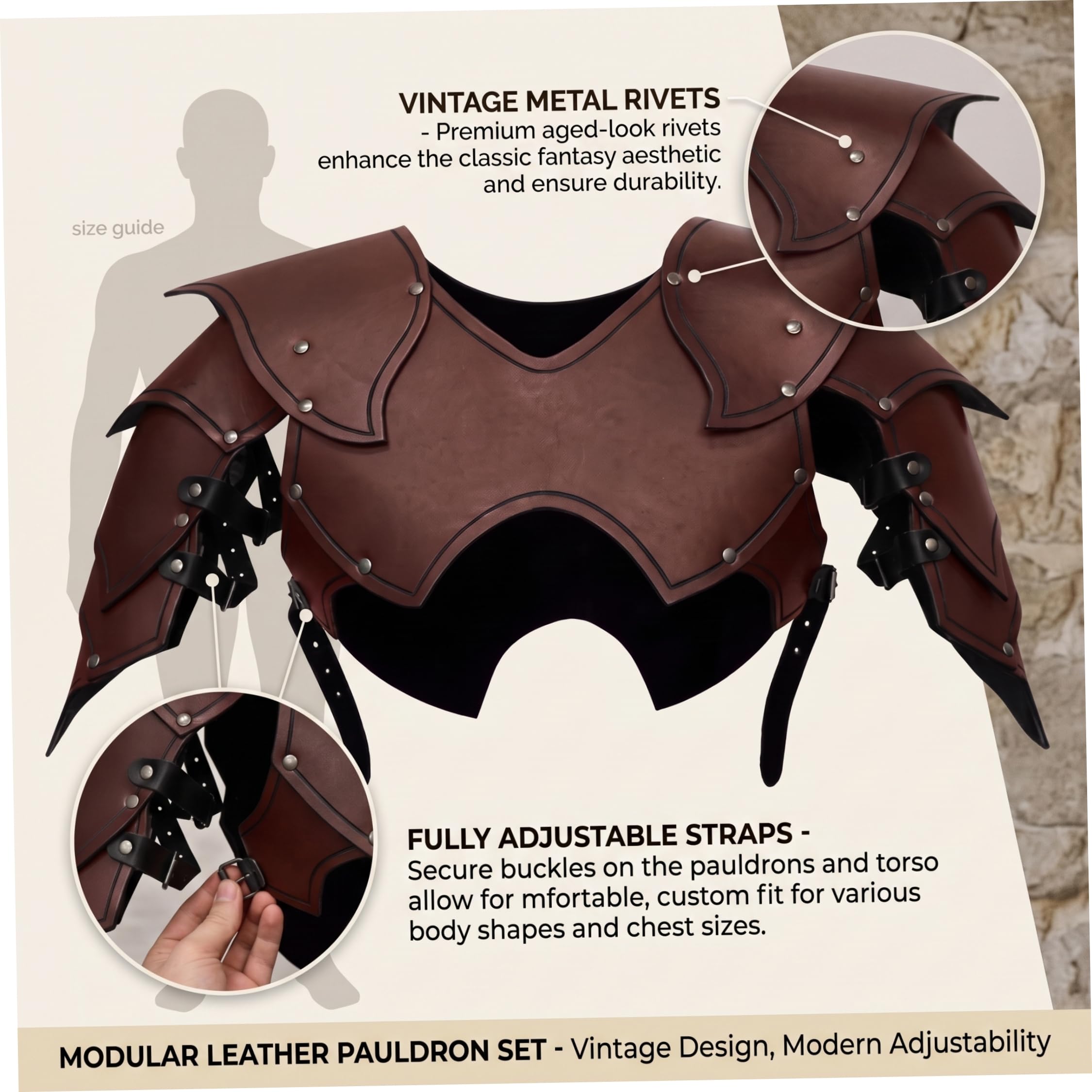 Armadura Medieval para Hombres, Armadura integrada para Hombros y Pecho, Vikingo para actuaciones de Cosplay de Larp - Marrón