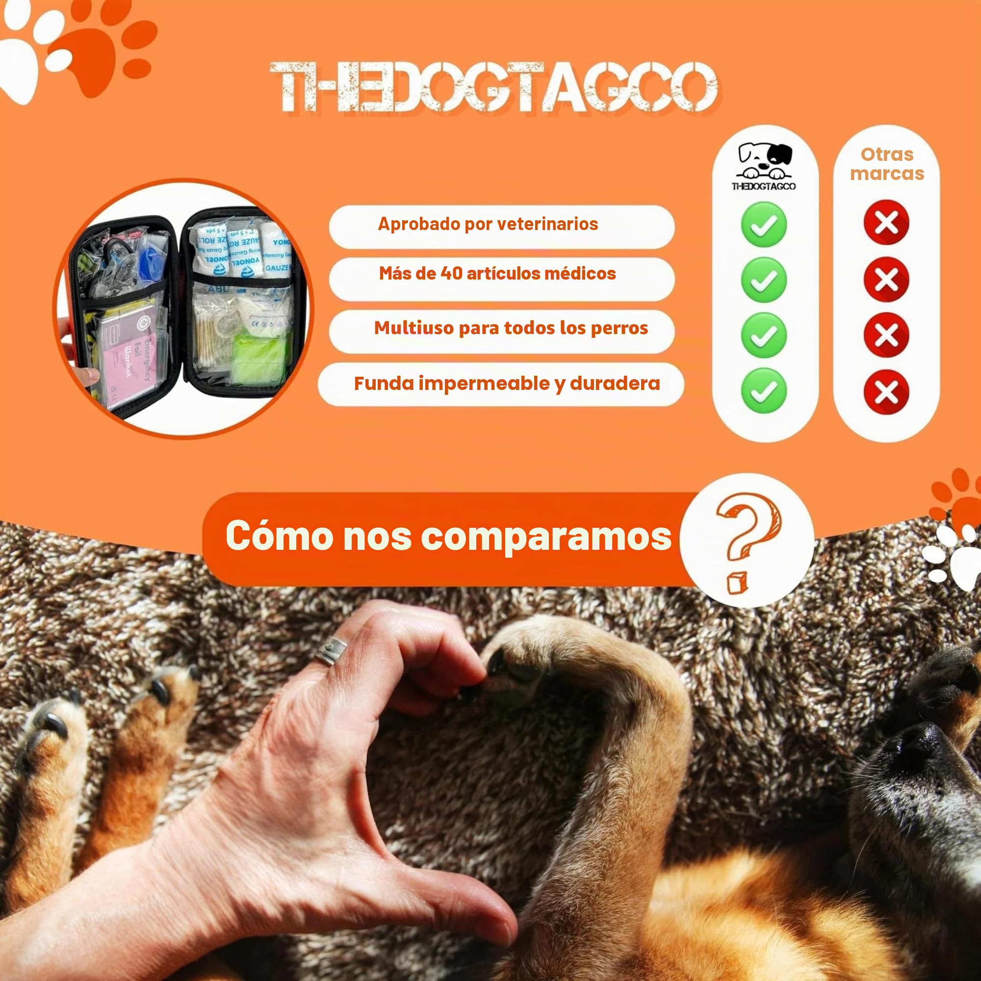 TheDogTagCo Kit de primeros auxilios para perros, más de 40 suministros de salud, compacto y portátil, prepárate para cualquier emergencia de mascotas V2