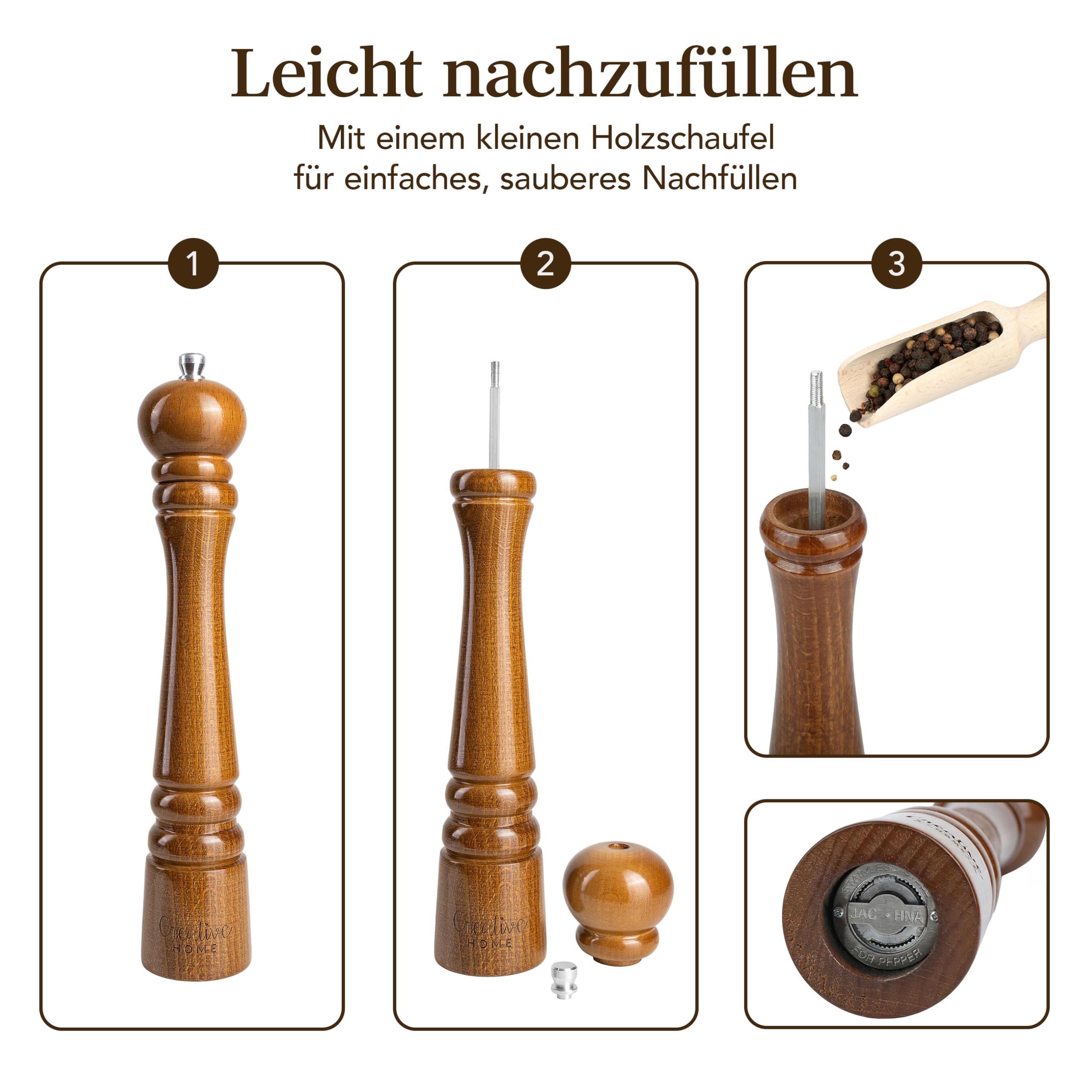 Creative Home Große Salz Pfeffermühle Holz | Set von 2 Mühlen 31,5cm Höhe | mit Mini-Holzschaufel | Manueller Quetschmechanismus | Perfekte Pfeffer- und Salzmühle Gewürzmühle für Jede Küche