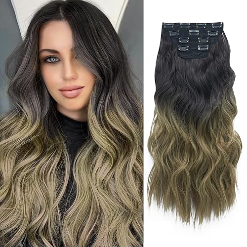 Extensiones de cabello largo ondulado y rizado con clip, extensiones de cabello sintético para mujer, 20 pulgadas, 4 unidades