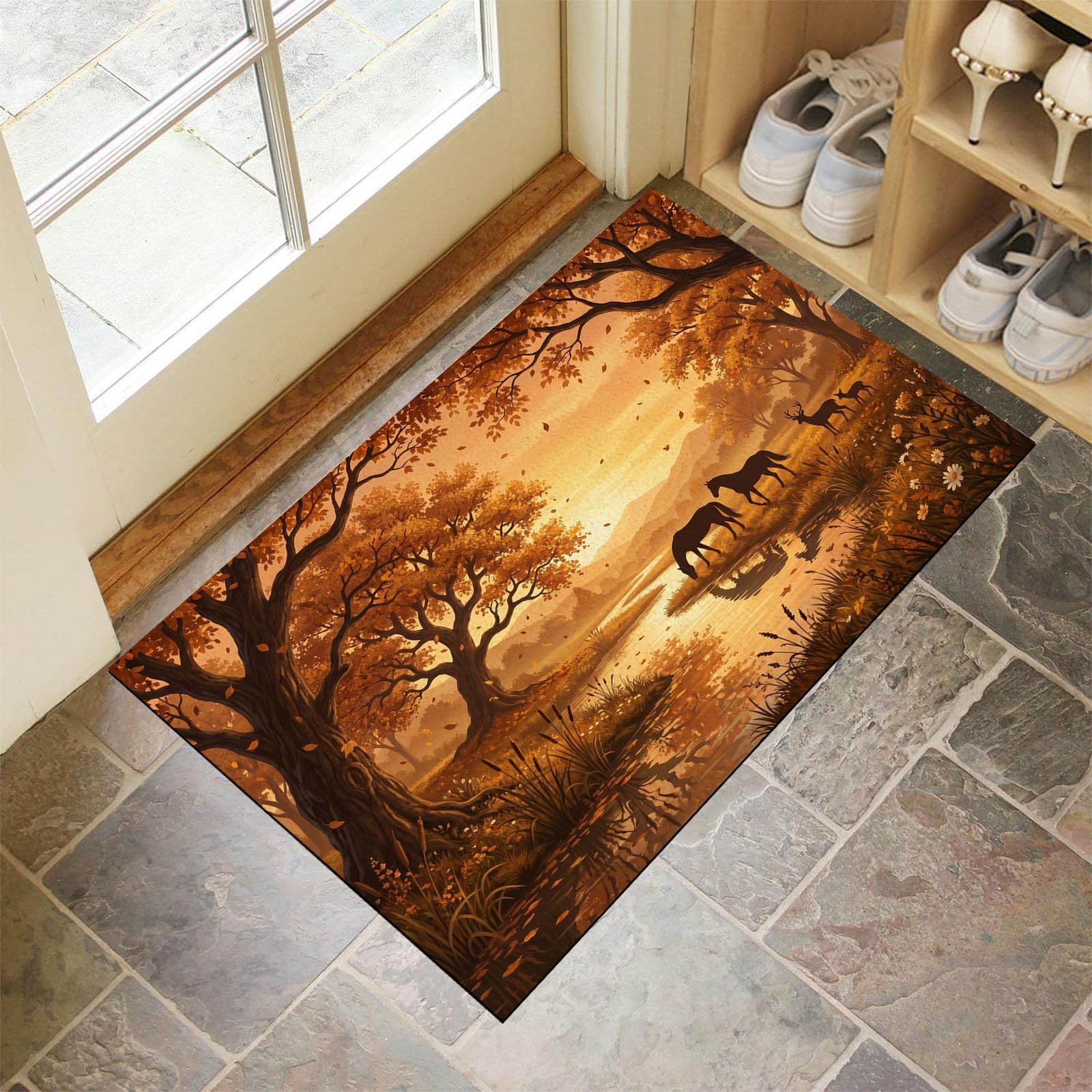 Ultradünne Herbstlicher Flusswald Fußmatte Für Innenbereich, 80X120Cm Waschbar Teppich Für Eingangsbereich, Sonnenuntergangstiere Schmutzfänger Fussmatten, Orange Farbe Rutschfeste Eingangsmatte