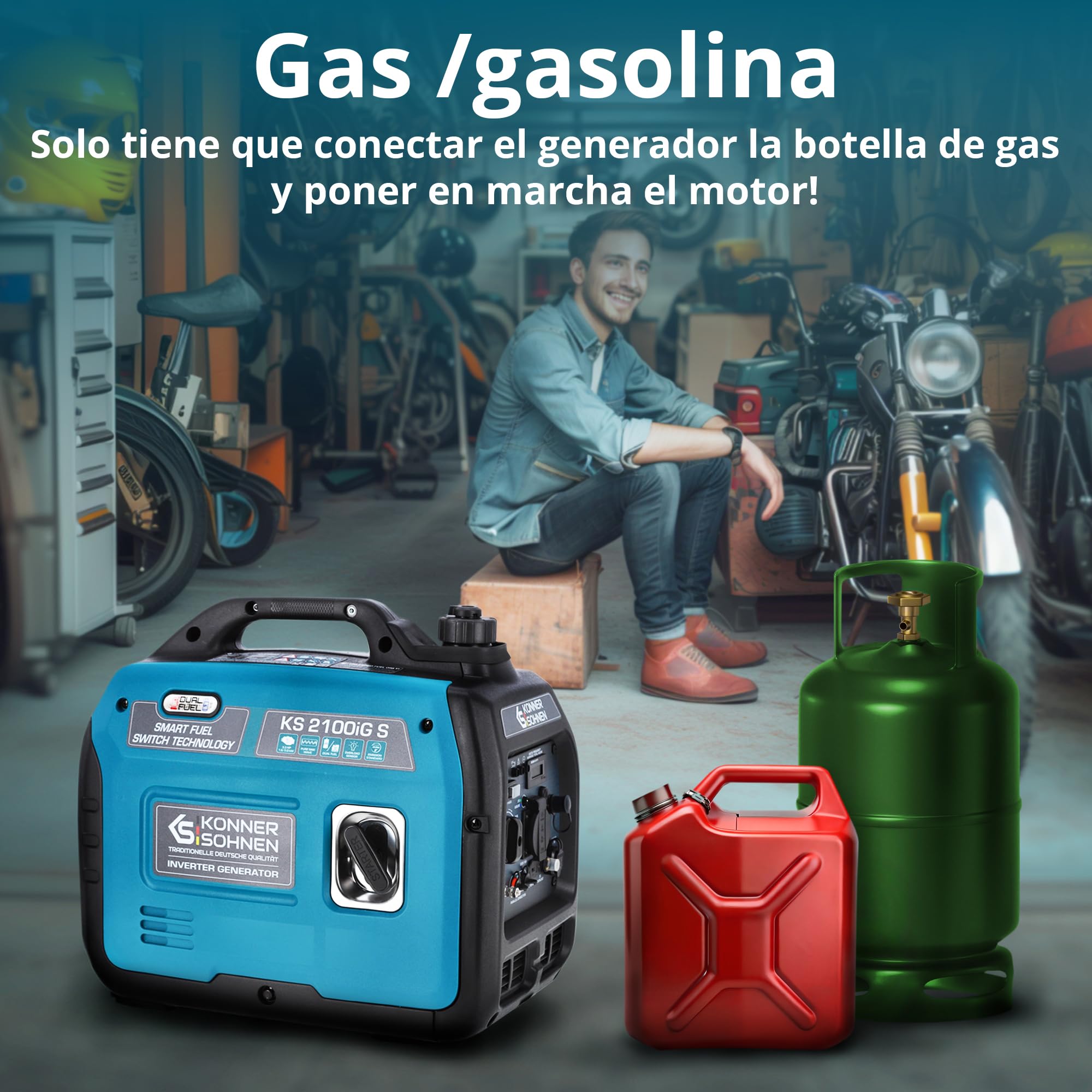 Könner & Söhnen KS 2100iG S Generador Inverter Gasolina 2000W Schuko Socket 230V 2 Puertos USB Indicador LED Modo ECO Generador de Emergencia EURO V