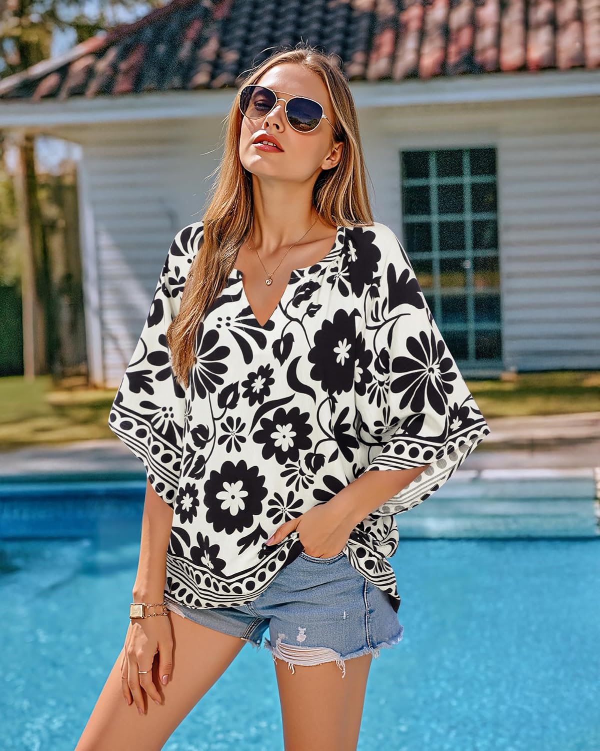 Bebonnie Womens 3/4 Sleeve V Neck Bohemian Peasant Blouses Casual Loose Fit Tunic Tops - Image 3