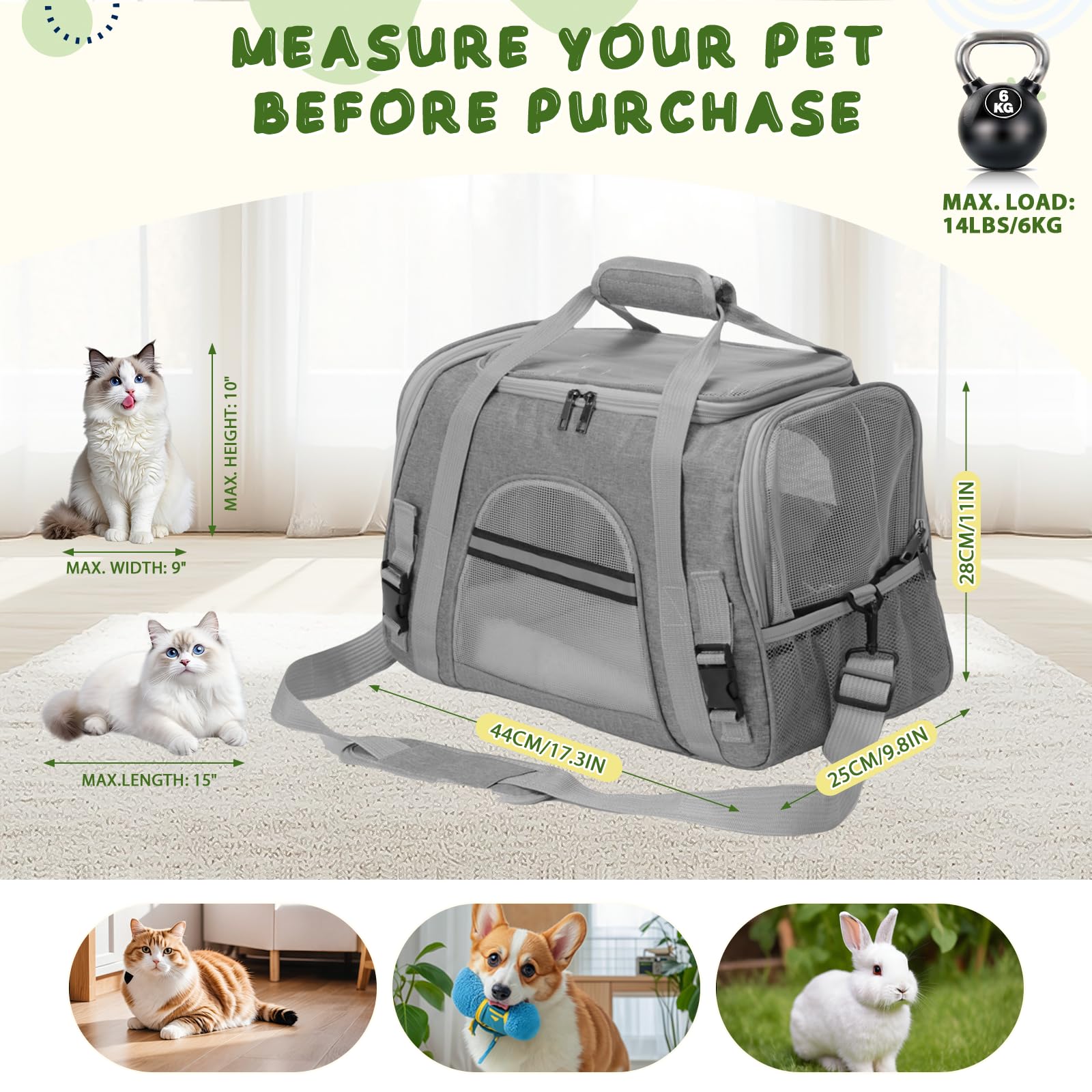 Romon Transportín Gato Perro, Transportin Pequeño Cat Carrier, Bolsa Transporte Transpirable para Mascotas con Colchón Suave, Plegable Bolso Gatos Cachorros Gatitos de 6Kg, 17.3x11x9.8 Inch, Gris