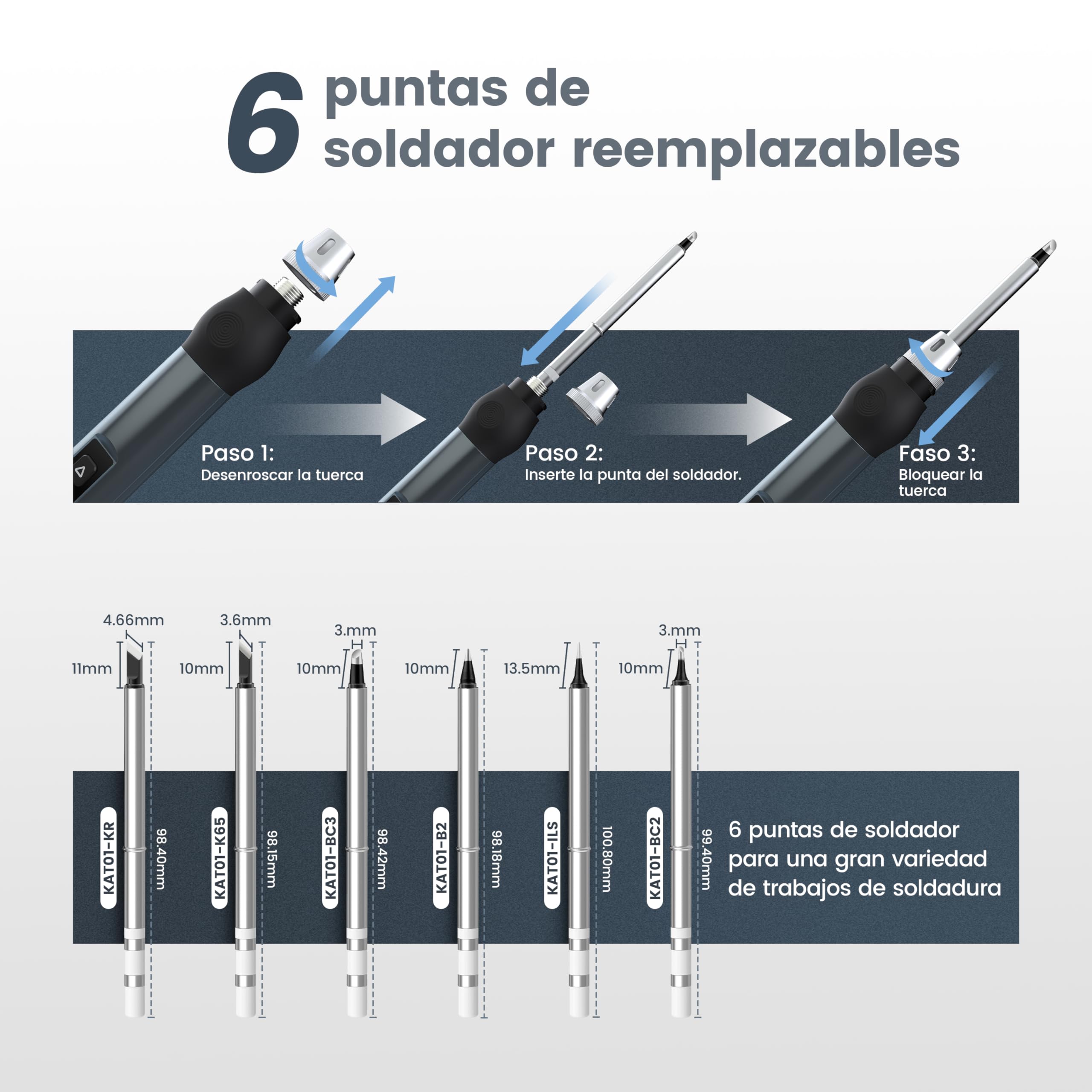 KAIWEETS Soldador de Estaño Inteligente, Kit de soldadura electronica 80-420℃, Control Preciso de Temperatura, Pantalla OLED, Reposo Automático, 6 Puntas de Soldador y Bloqueo para Niños