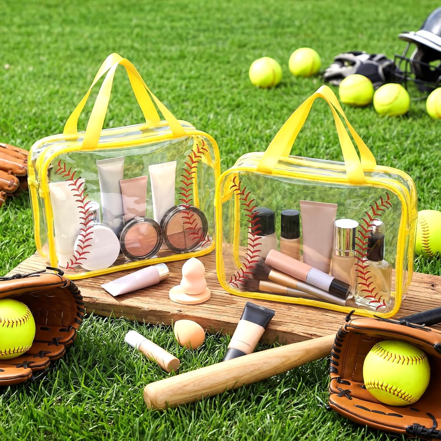 12 Pcs Softball Team Gifts Softball Goodie Snack Bags for Mom Bows Cosmetic Clear PVC Cheer Case Pouch Waterproof Travel Toiletry Handbag Organizer for Makeup Women Girl Gift(Style 1)