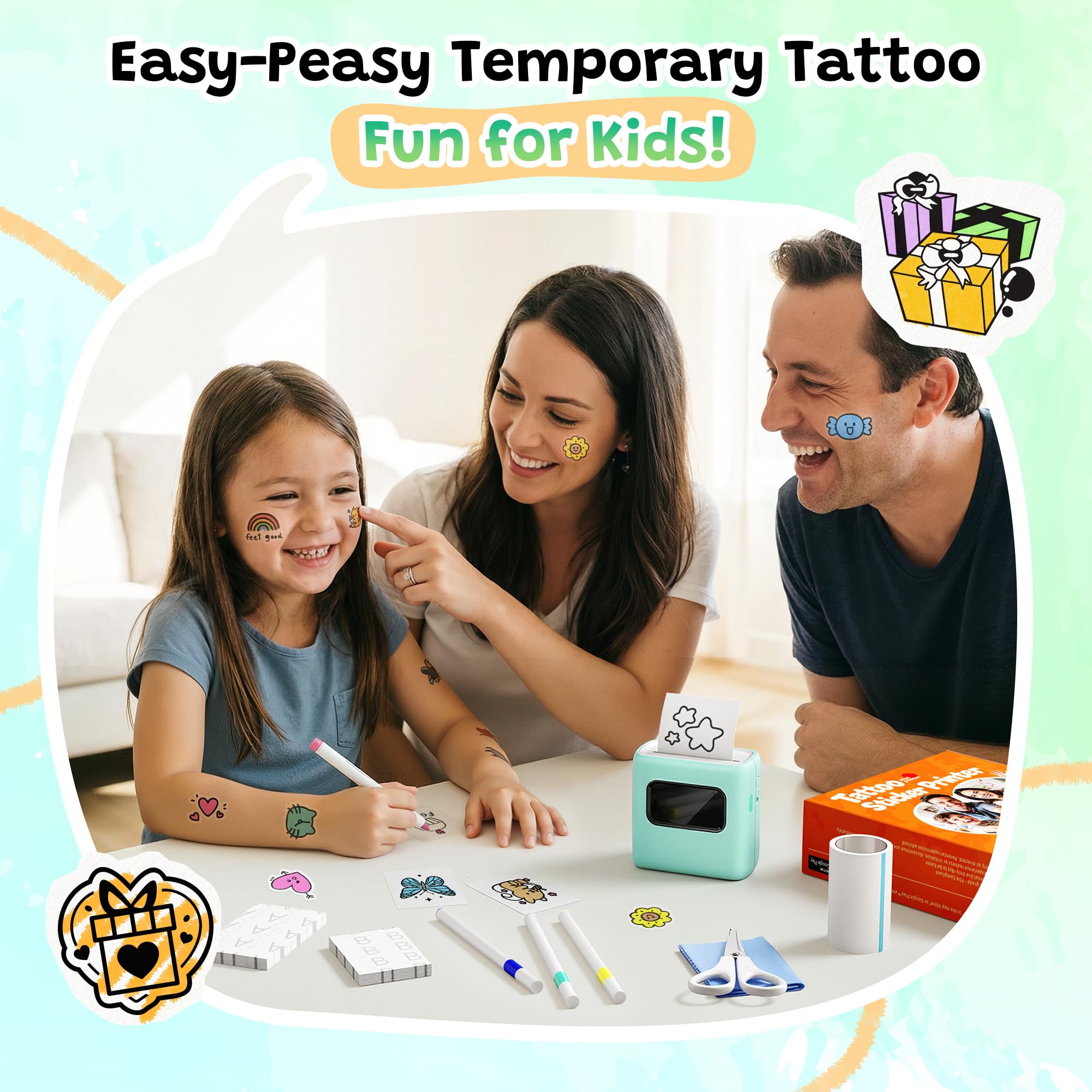 TATTMUSE Stampante Tatuaggi per Bambini, Crea Tatuaggi Temporanei Personalizzati con 40 fogli per Tattoo e 4 Pennarelli, Kit Tatuaggi per Bambini Per Attività Fai da te, Feste e Regali Creativi