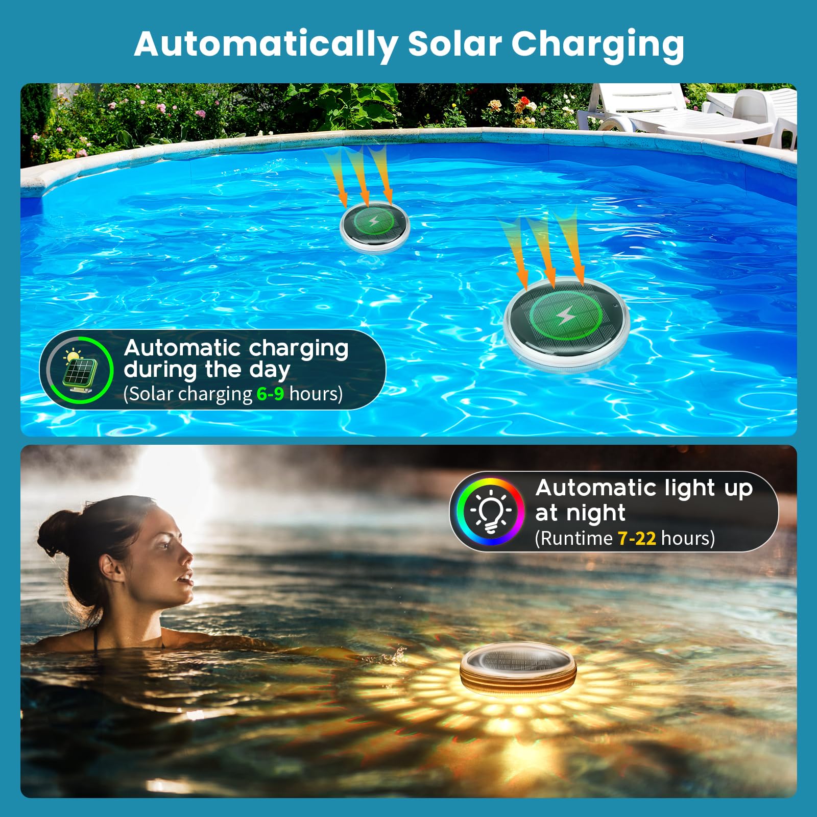 Luz Solar Piscina Flotantes, Luminación LED Subacuática Solar con mando a distancia, Temporizador, IPX7 Impermeable Luces Flotante Piscinas para Jardín, Piscina, Bañera, RGB Cambio de Color, 2 ud