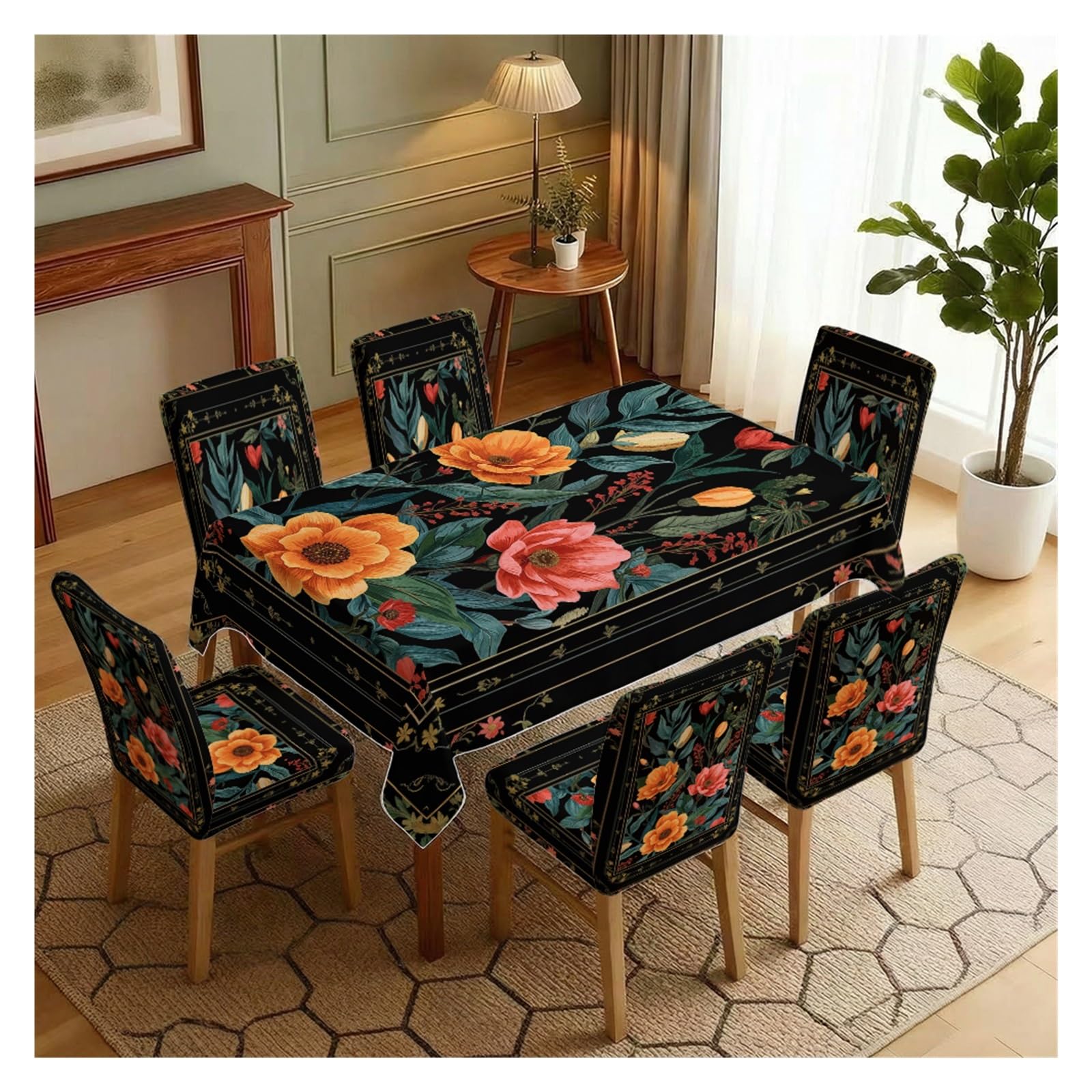 KXUAUV Vintage Black Floral Print Stretch Chair Covers & Tablecloth Set, For Kitchen Dining Room Elegant Gothic Home Decor, 5/7 Pack Party Decor(7pcs Set: Tablecloth+Chair Covers)