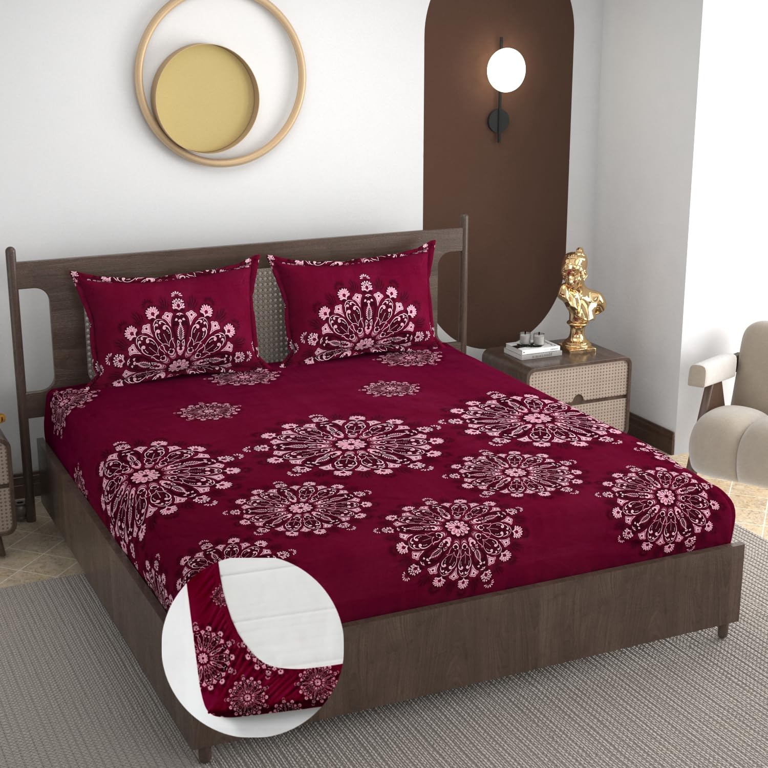 Premium Heavy Cotton Elastic Fitted Bedsheets with 2 King Size Pillow Covers || Double Bed with All Around Elastic 350 TC || 72 x 78 x 10 Inch King Size Fitted || :- Maroon Big Flower