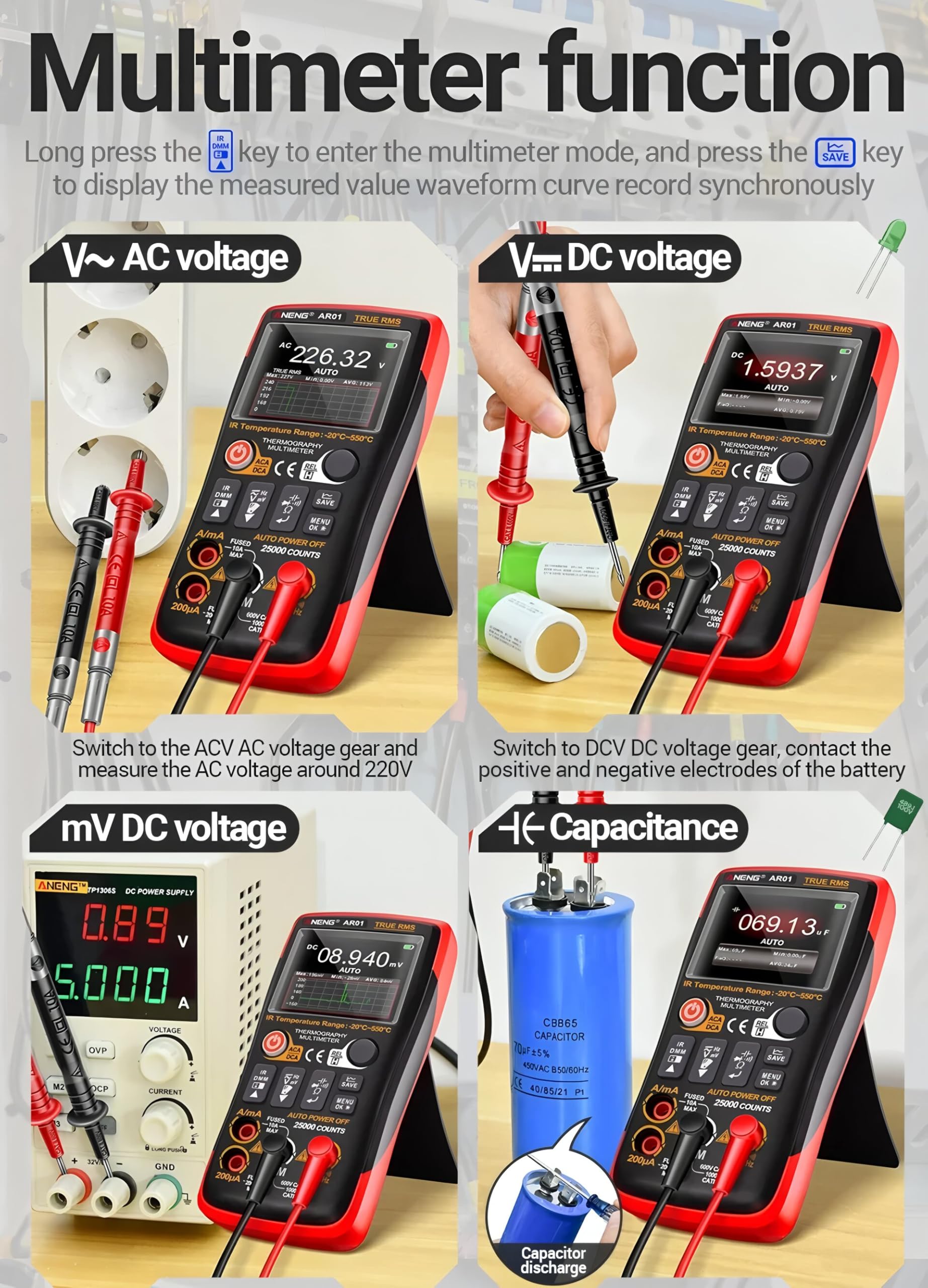 Strumenti di Test con Display TFT Multimetro 250MΩ Tester 25000 Conteggi Carica Tipo-C USB Multimetri a Immagini Termiche (AR01)