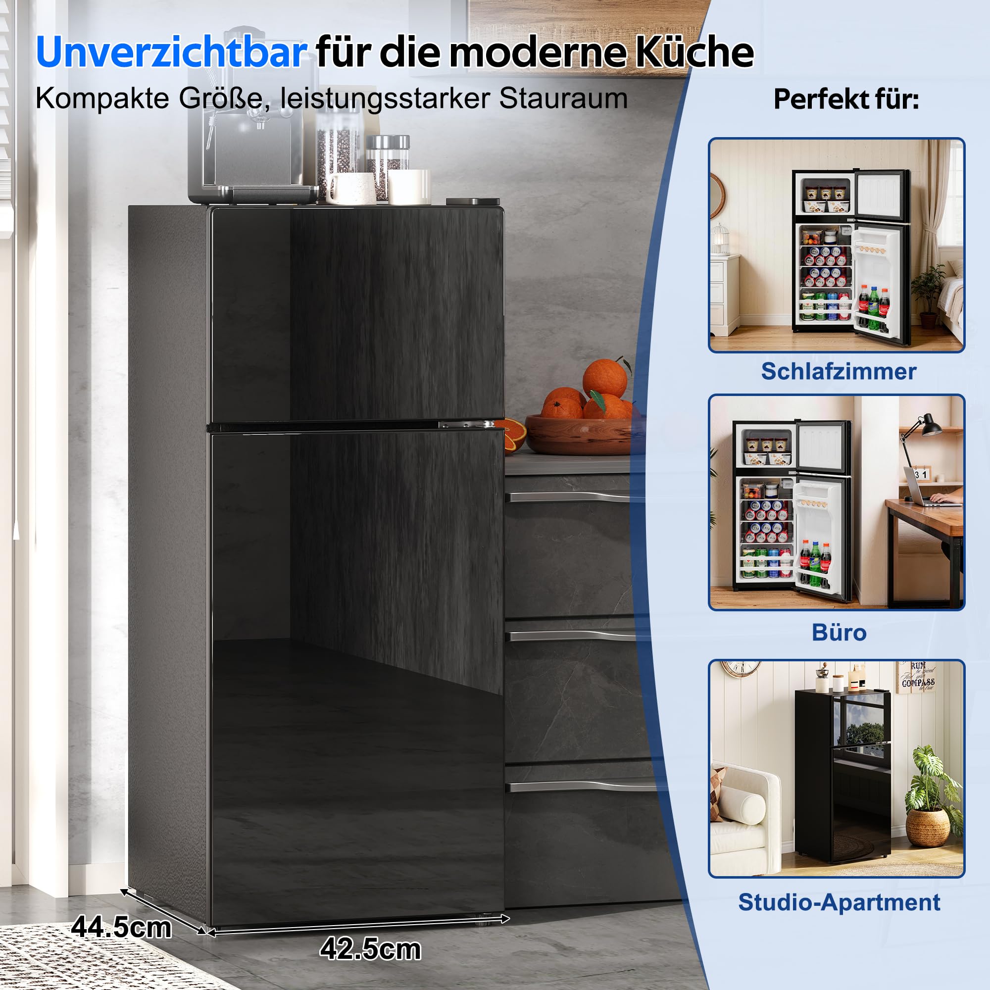 Merax 92L-Minikühlschrank mit Gefrierfach(28L) in Schwarz freistehend Kühl-Gefrier-Kombination, mit Glastür,LED-Beleuchtung,herausnehmbare Glasablagen,45 dB,138kWh, für Küche Büro Wohnzimmer