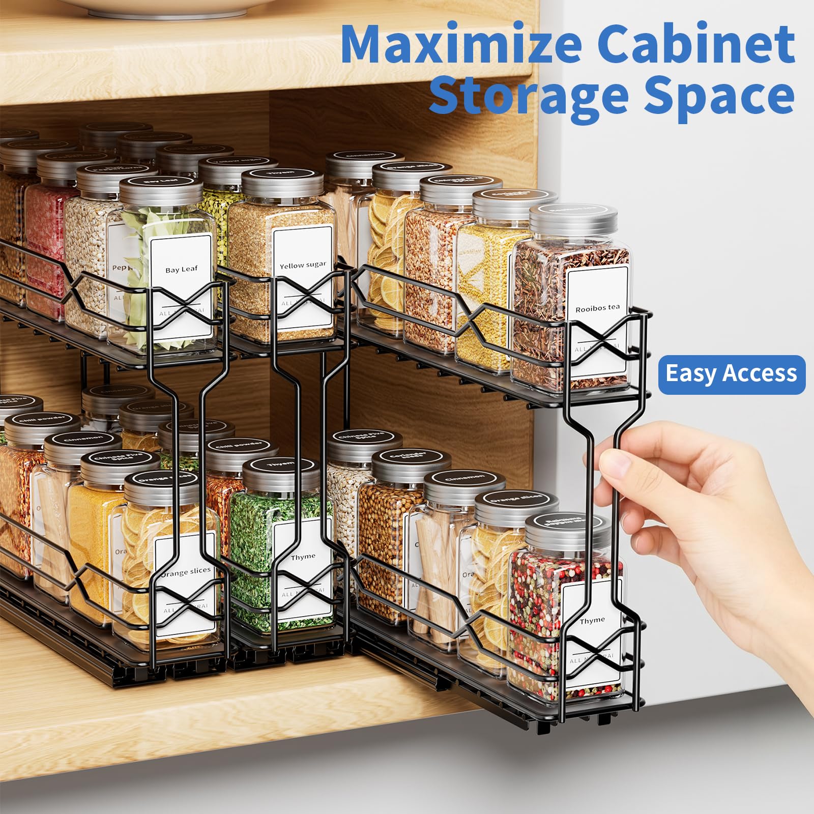 Gewürzregal Ausziehbar 3er-Pack, Gewürz Organizer Für Schrank | Modulares 3er-Pack, Doppelte Gleitschienen, Vollauszug-Design , Schwarze Metallkonstruktion, Einfache Montage, Schrank