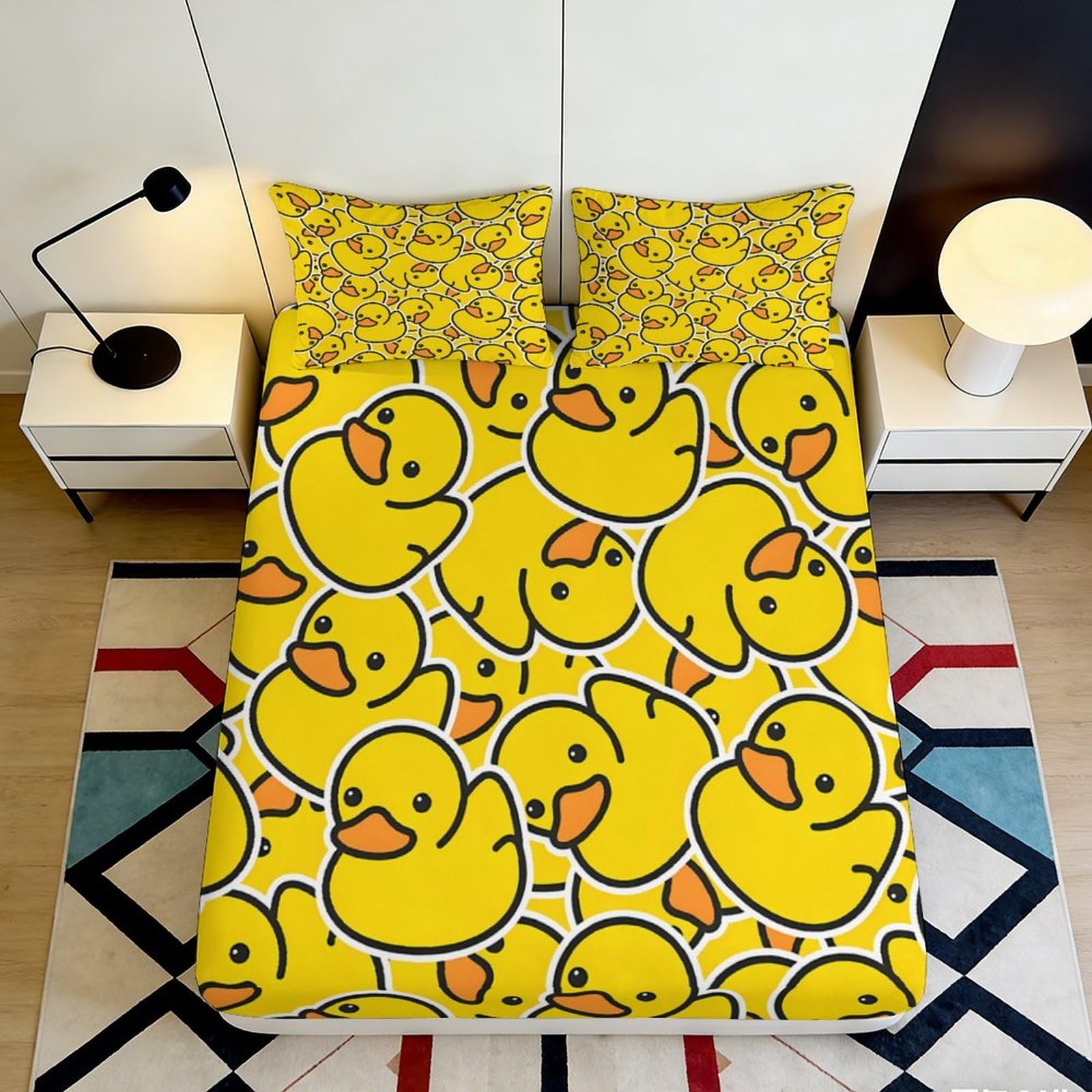 3D Printed Yellow Duck Fitted Sheet Microfiber Soft Cartoon Animal Bed Cover Non Slip Easy Care for Bedroom Dorm 160x200x25cm