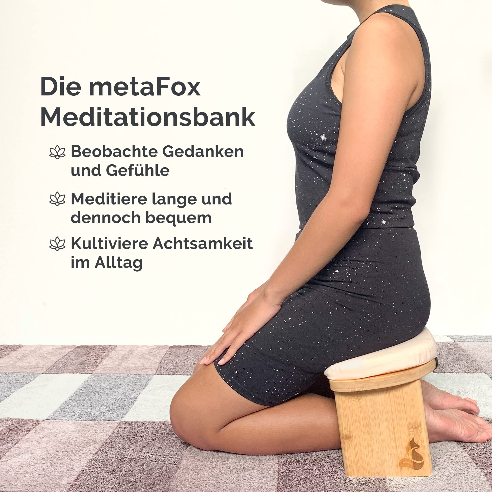 metaFox Panca da meditazione | Sgabello pieghevole in bambù con cuscino e borsa per il trasporto | Per la tua pratica di attenzione e meditazione | alternativa al cuscino da meditazione