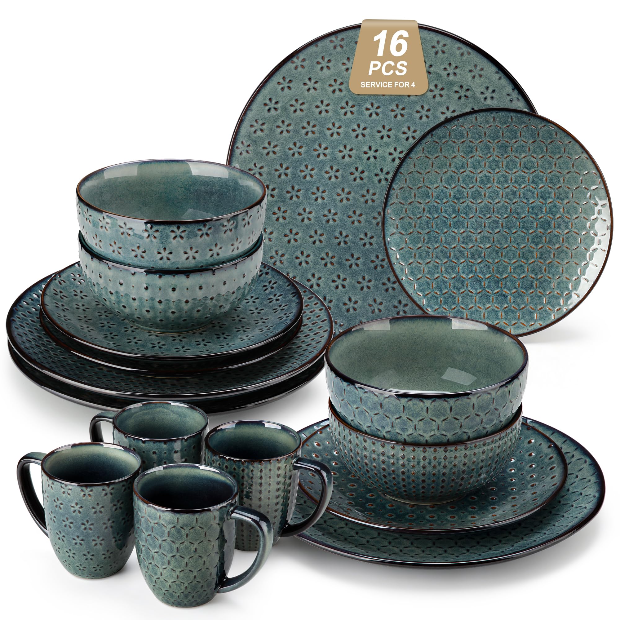 MALACASA 16 Pieces Dinnerware Sets, Modern Relief Design Plates and Bowls Sets, Green Dish Set for 4, Kitchen Ceramic Dinner Plates Dishware Set, Microwave and Dishwasher Safe, Series LYDIA