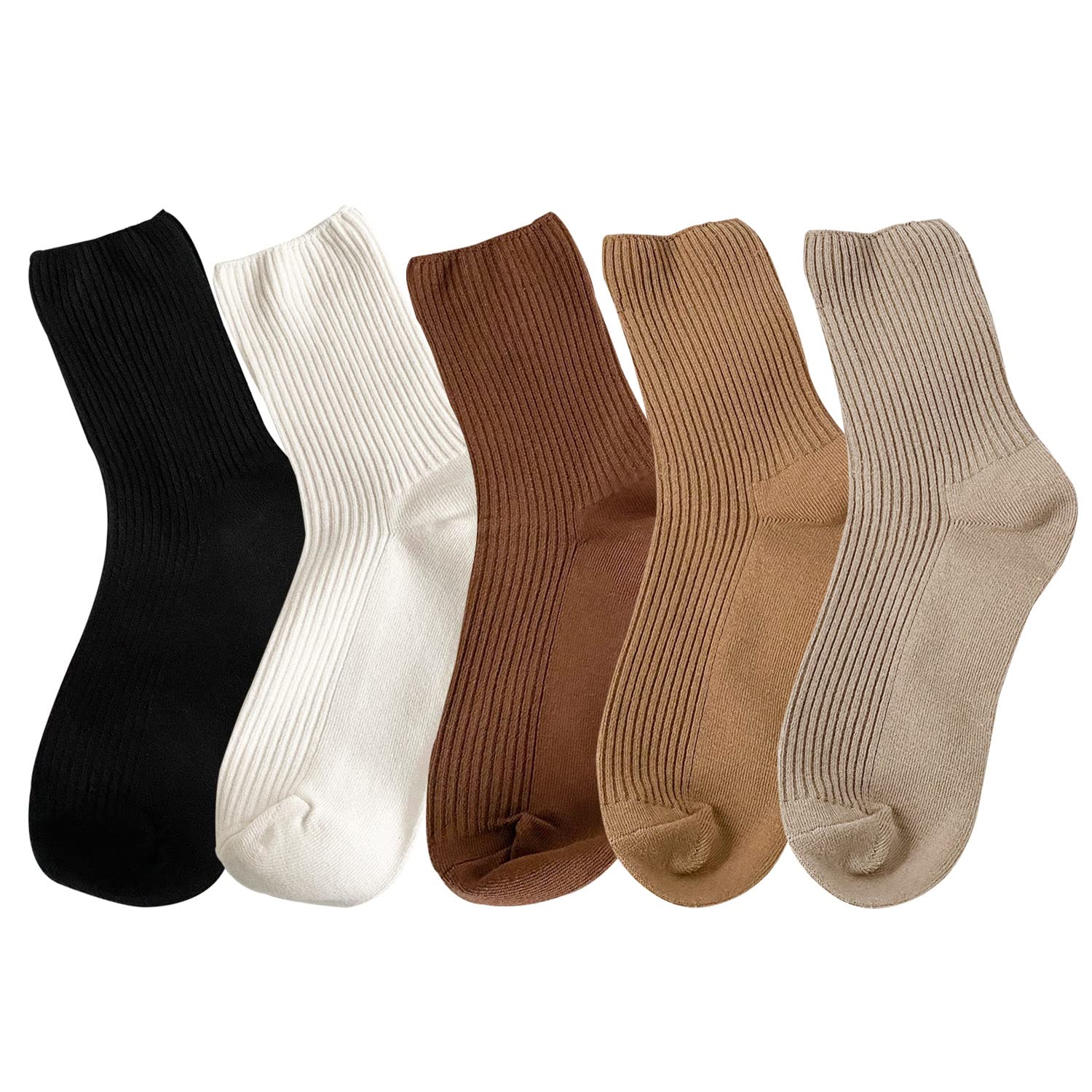 zrylibyaWomen's Solid Striped Textured Ribbed Knit Candy Color Casual Basic Style Crew Socks 5 Pairs (Multicolor A)