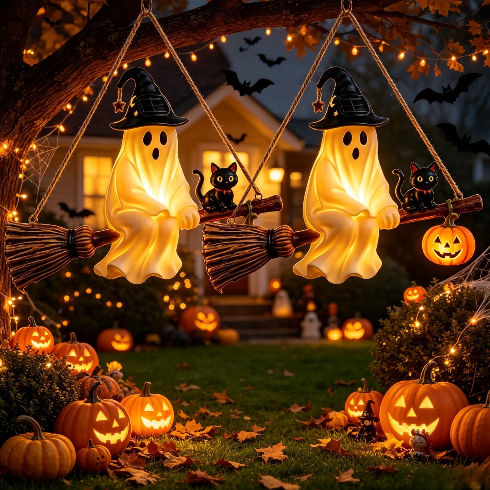 Fantasma Solare da Appendere, Decorazioni di Halloween con Fantasmi Volanti Illuminati | con Scopa da Strega, Gatto Nero e Luna di Zucca, Decorazione Solare da Esterno per Giardino