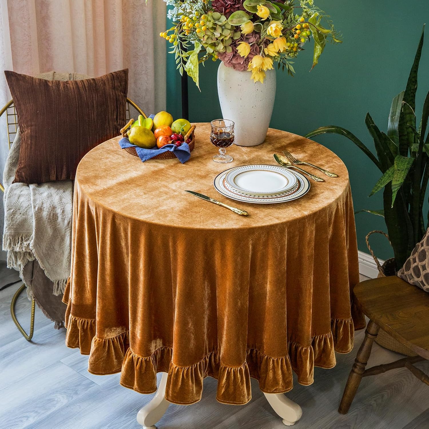 Velvet Tablecloth Luxurious Solid Round Table Cloth,Oblong Retro Farmhouse Ruffle Tablecloths Washable Table Cover for Party Wedding Baby Shower Kitchen Dinning Tabletop Decoration - Image 4