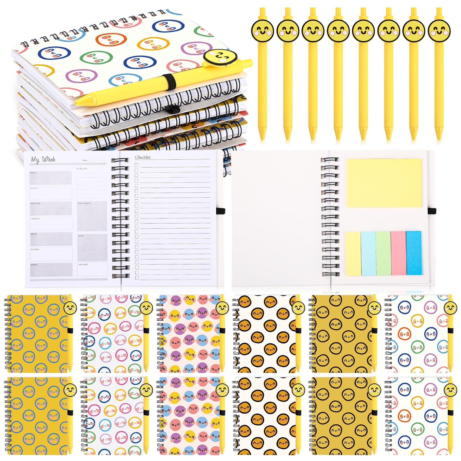 Sayglossy 72 quaderni con supporto emotivo sorridente con note adesive, penne a sfera Happy Face, regalo per il primo giorno di scuola, per studenti, insegnanti, colleghi (agenda settimanale)
