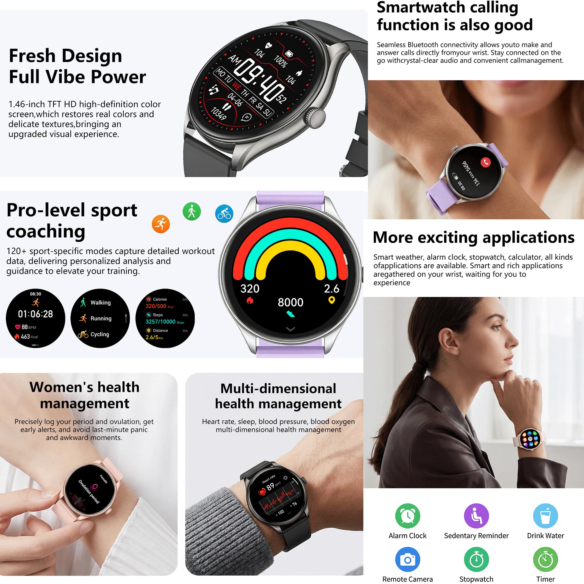Montre Connectée Femme and Montre Homme avec Appels Bluetooth, Smartwatch Diamond avec 100+ Modes Sportifs/Fonction Féminine/Lecteur de Musique/Fréquence Cardiaque/Sommeil/ pour Android iOS (Argenté)