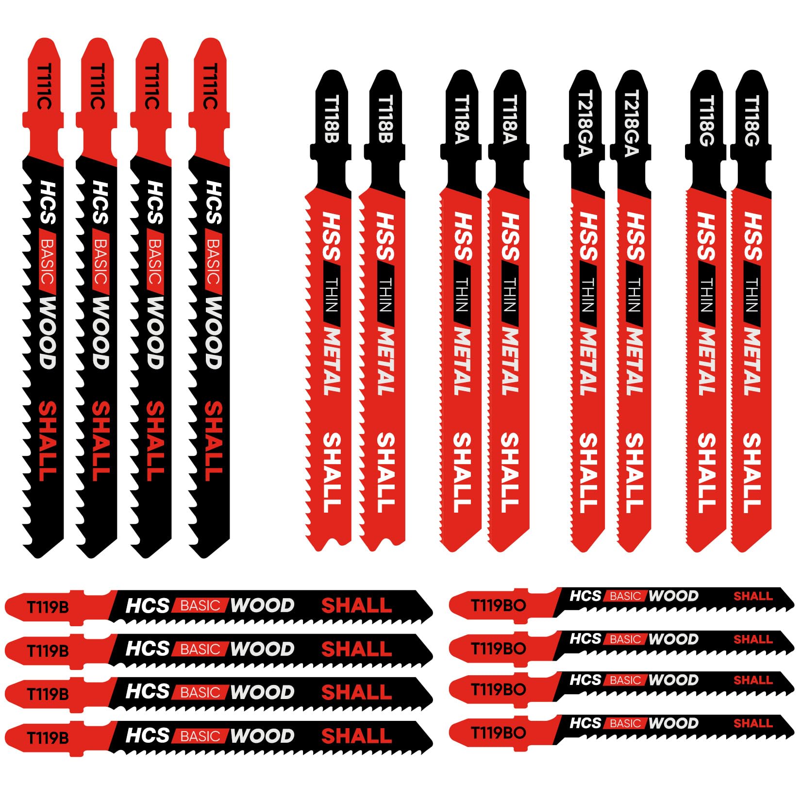 SHALL 20 Pieces T-Shank Jigsaw Blades Set HSS/CPV Compatible with All Jigsaw with Storage Box