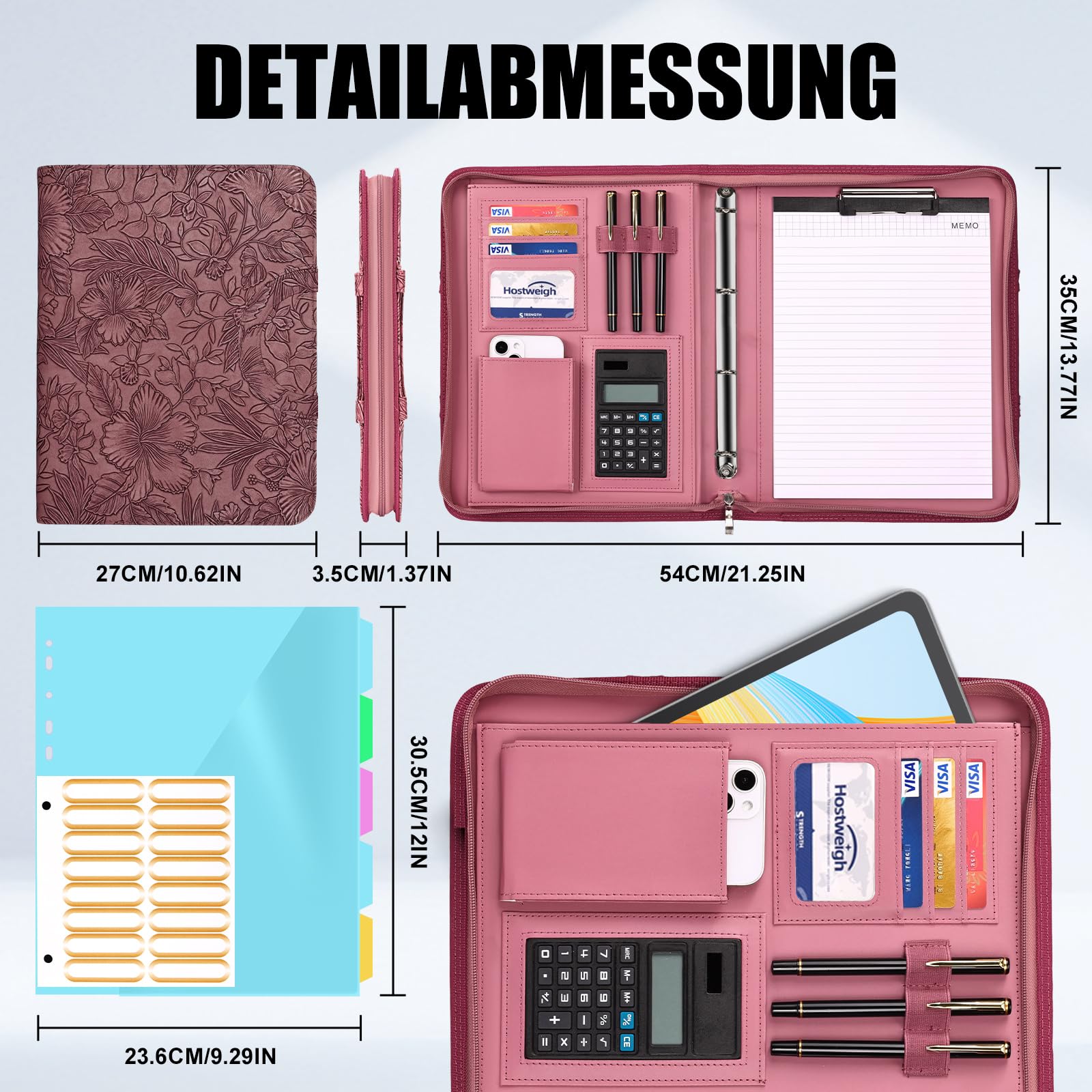 Leathario Schreibmappe A4 mit 5er Register DIN A4，Konferenzmappe mit 4 Ringbuch，Dokumentenmappe mit Reißverschluss，Griff，Klemmbrett,Ordner für Meeting, Business,Mappe für Schule, Uni