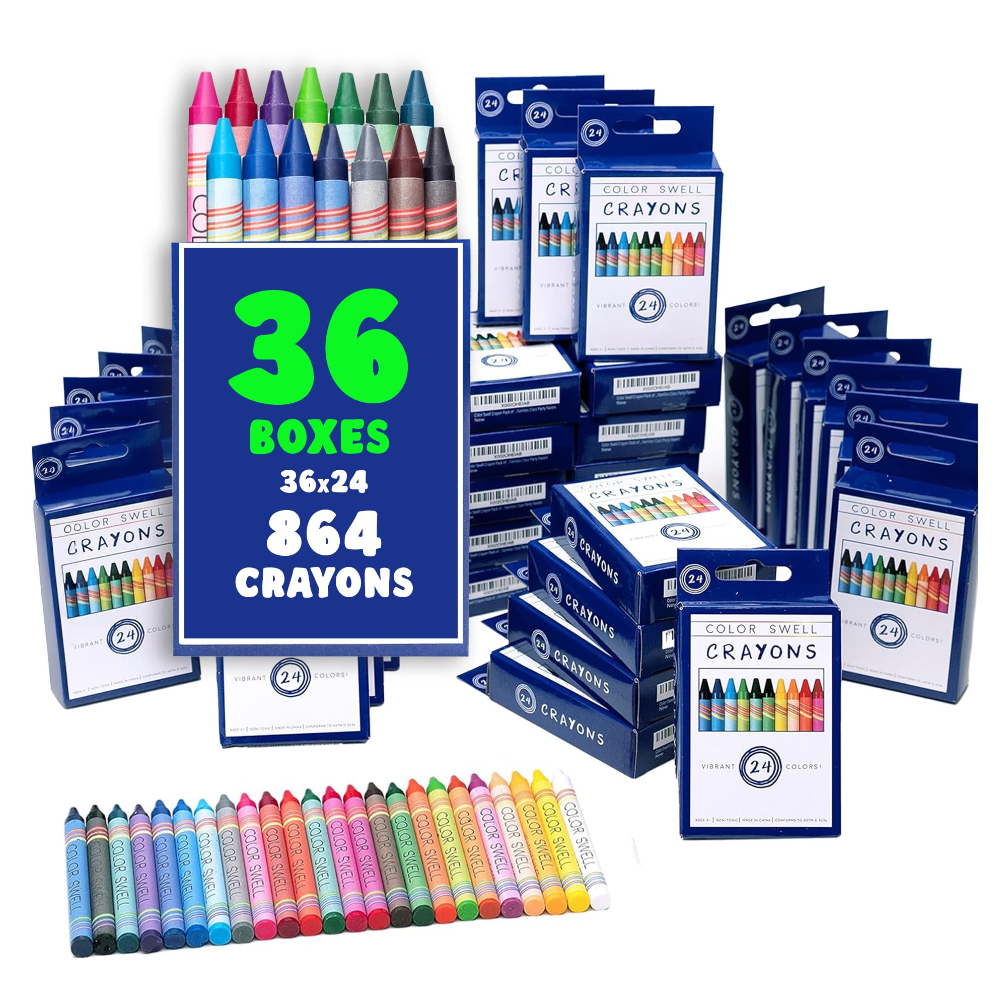 Color Swell Crayons Bulk Packs - 36 Boxes of 24 Vibrant Colored Crayons of Teacher Quality Durable Classroom Pack for Kids Students Party Favors