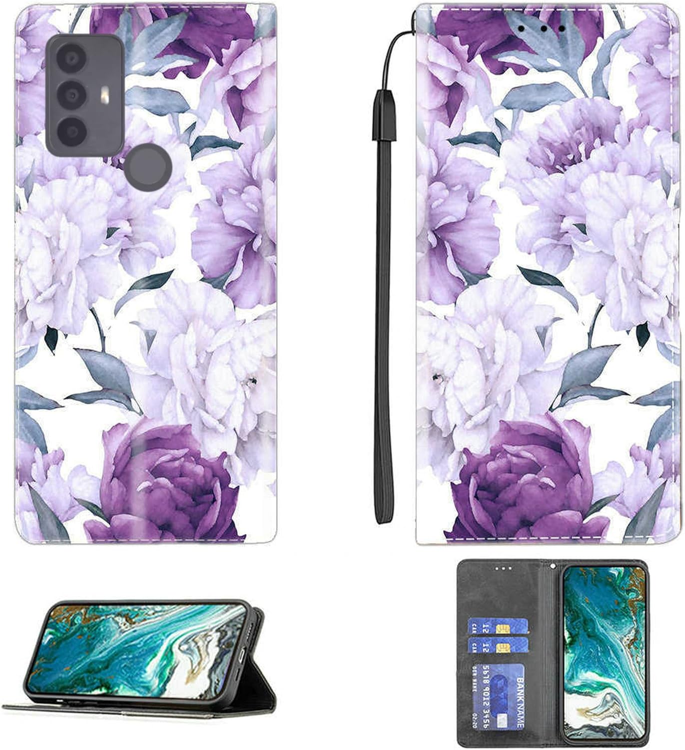 Aroepurt CPT24 phone case, front and back view, with a phone inserted and the case open.