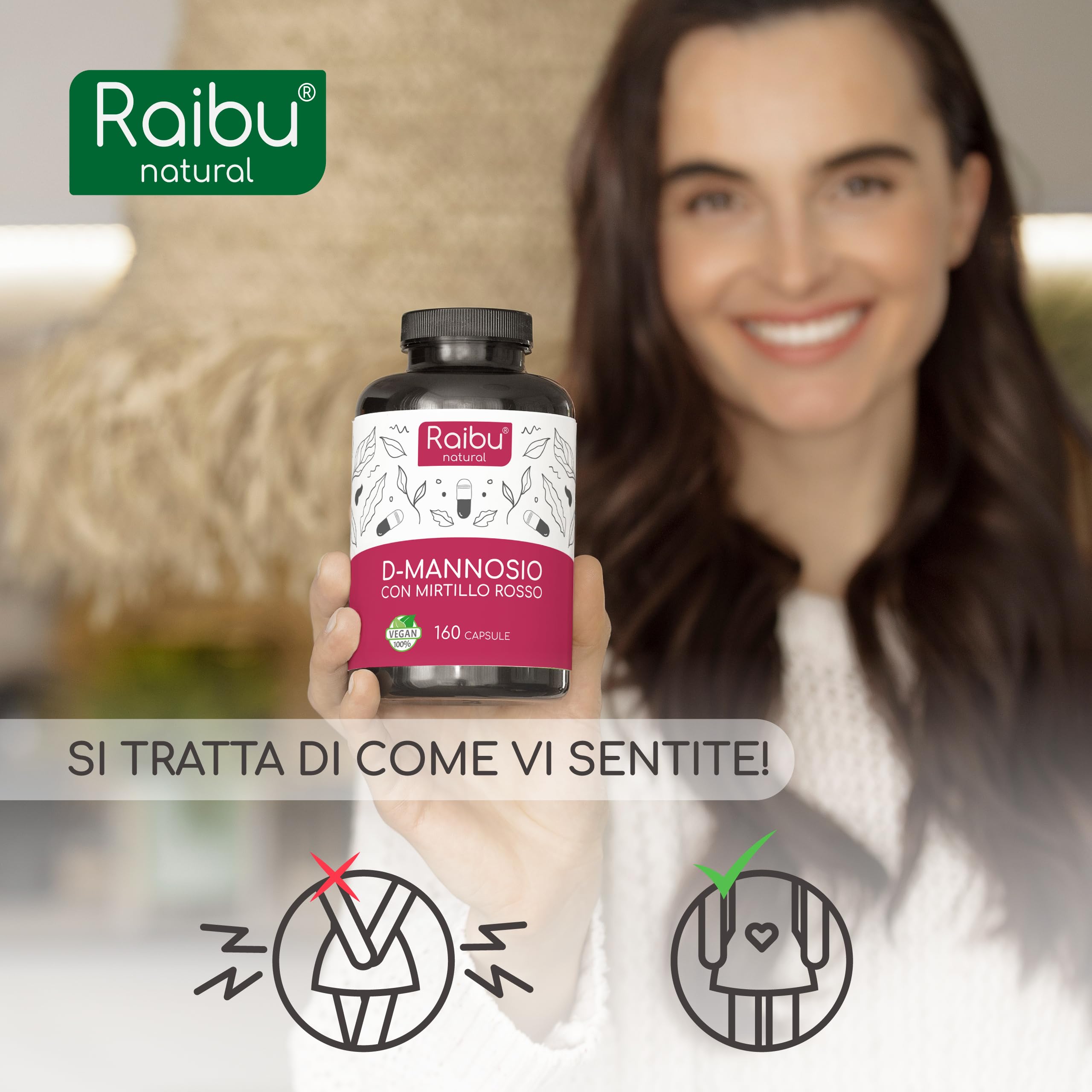 D-Mannosio PURO 2100mg, con Mirtillo Rosso I D Mannosio per Cistite I 160 Capsule I Vegan e Senza Additivi, Testato in laboratori I Integratore per Benessere e Supporto Vie Urinarie I Raibu