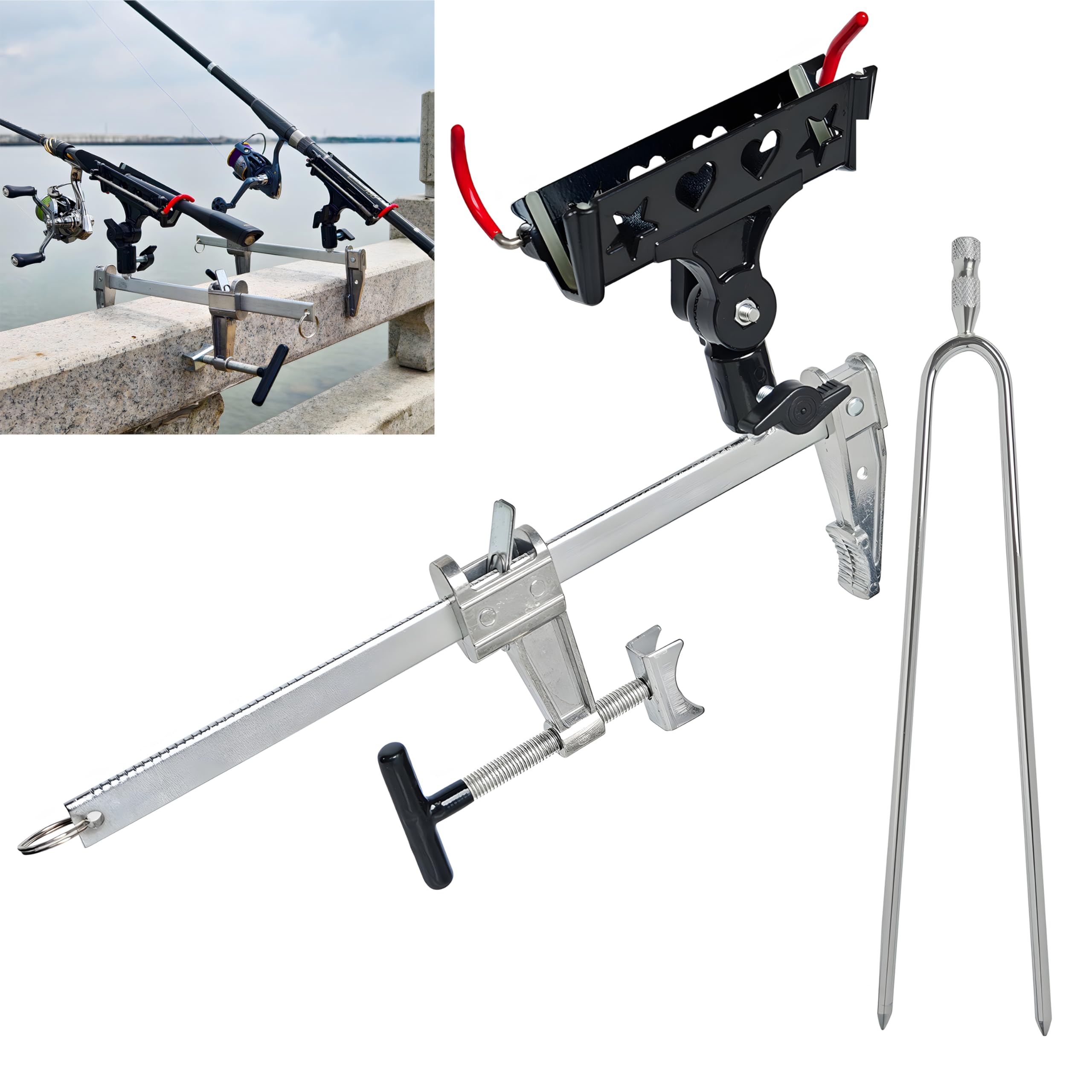 Rutenhalter für Angelboot & Angelrutenhalter für Boden, Rutenhalter für Bankangeln, Angelrutenhalter mit vergrößerter Klemme und Erdspieß, passend für runde/quadratische Rohrgeländer und alle Arten