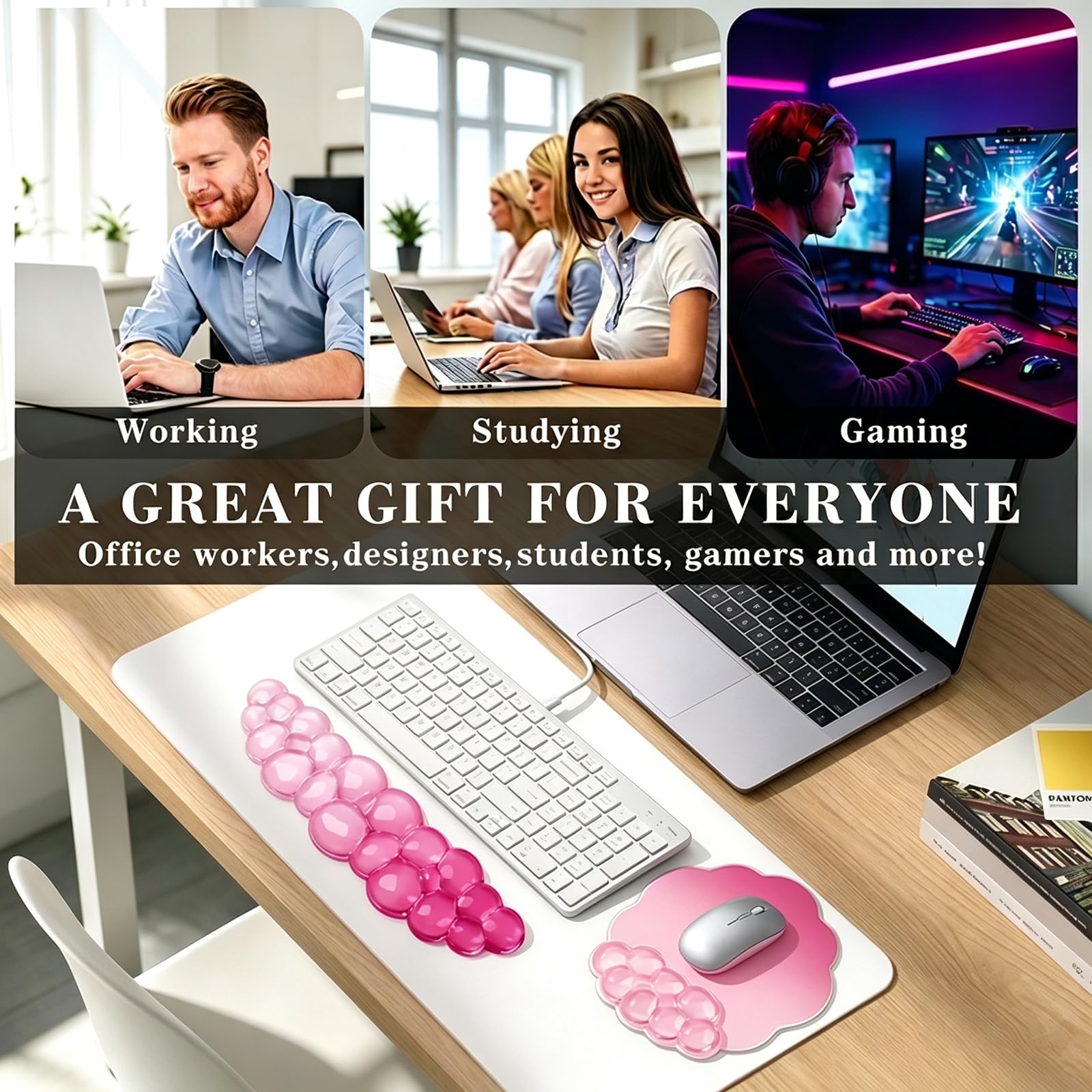 Poggiapolsi in gel e tappetino per mouse a forma di nuvola, per tastiere e mouse, ergonomico, rosa, allevia il dolore da digitazione, computer, laptop, giochi, casa, ufficio, rosa