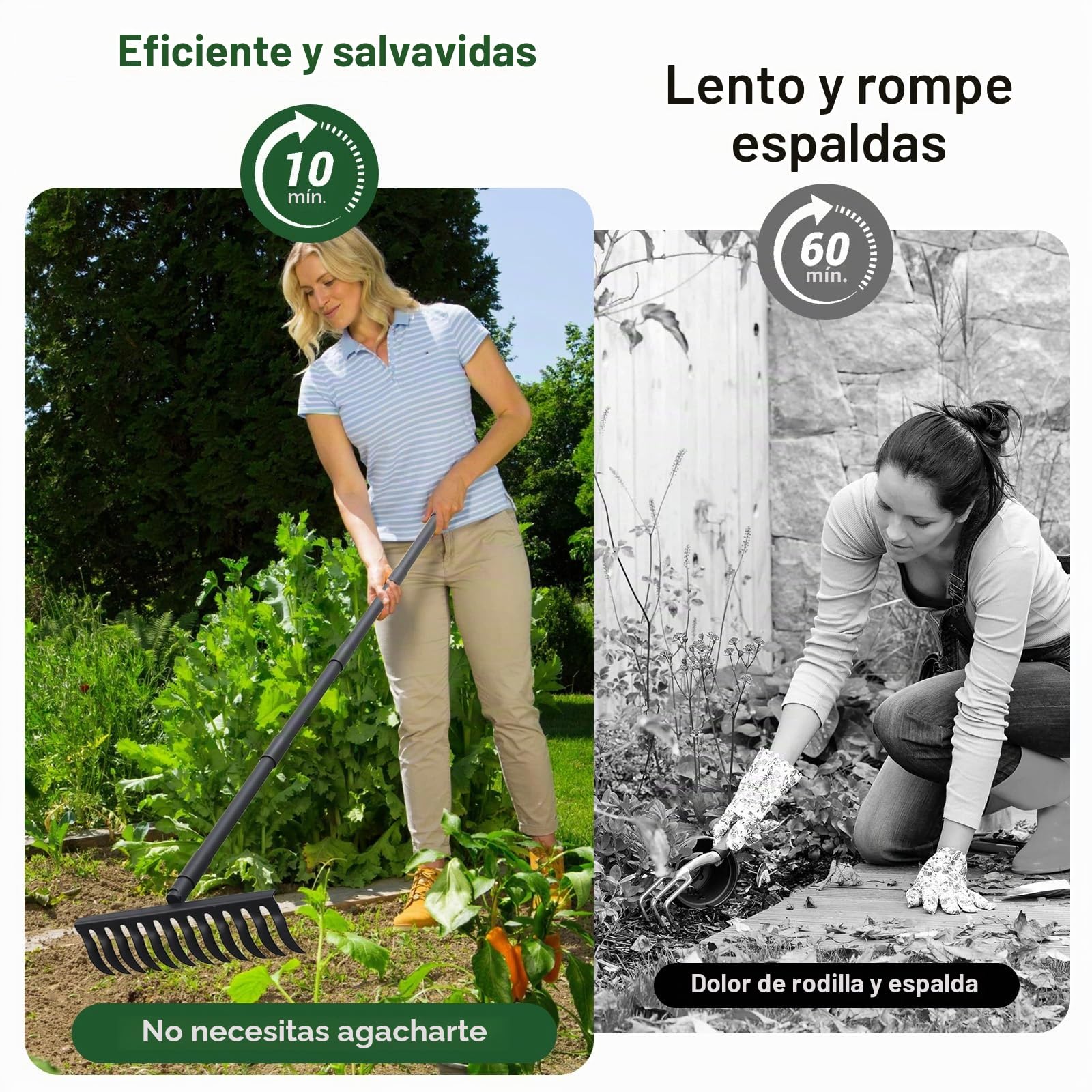 Rastrillo de arco de metal para jardín con mango ajustable de 60 pulgadas de largo, rastrillos de roca de paja de 17 pulgadas de ancho para jardinería, nivelación de césped, aflojar el suelo, recoger