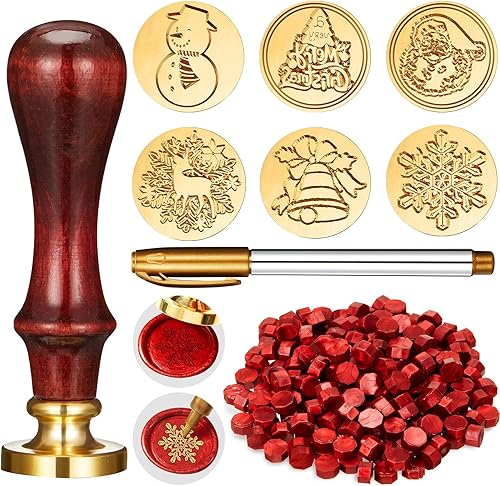 Miniatura 1 de Kit de sellos de cera de Navidad de 208 piezas, incluye 6 cabezales de latón con mango de madera, 200 cuentas de cera de sellado y rotulador dorado
