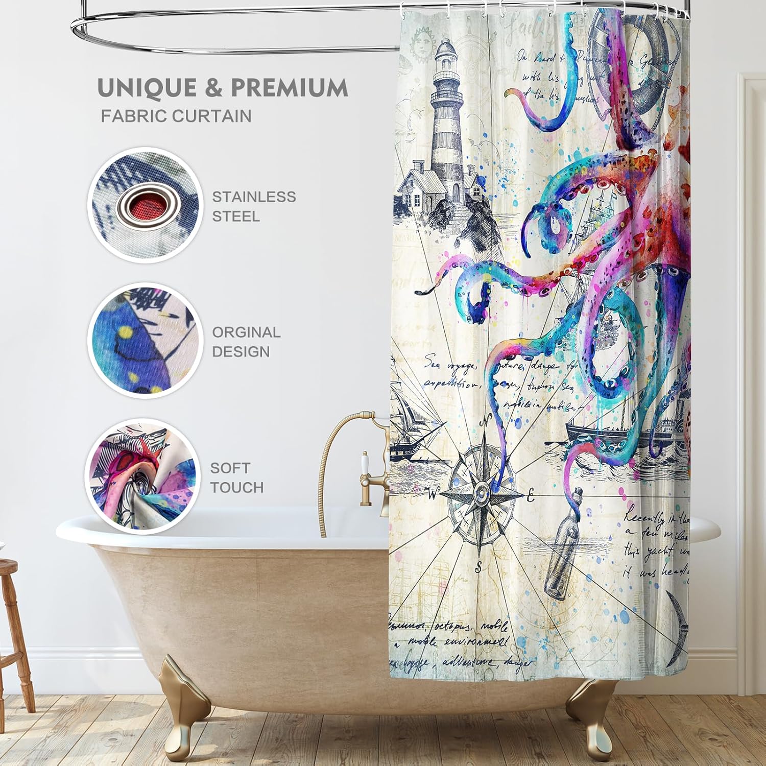 Lokigo 84 Inch Extra Long Cool Colorful Nautical Octopus Shower Curtain Waterproof Fabric Wide Shower Curtains for Bathroom Funny Ocean Kraken Bathroom Shower Curtain Decor with 12 Hooks, 72 x 84
