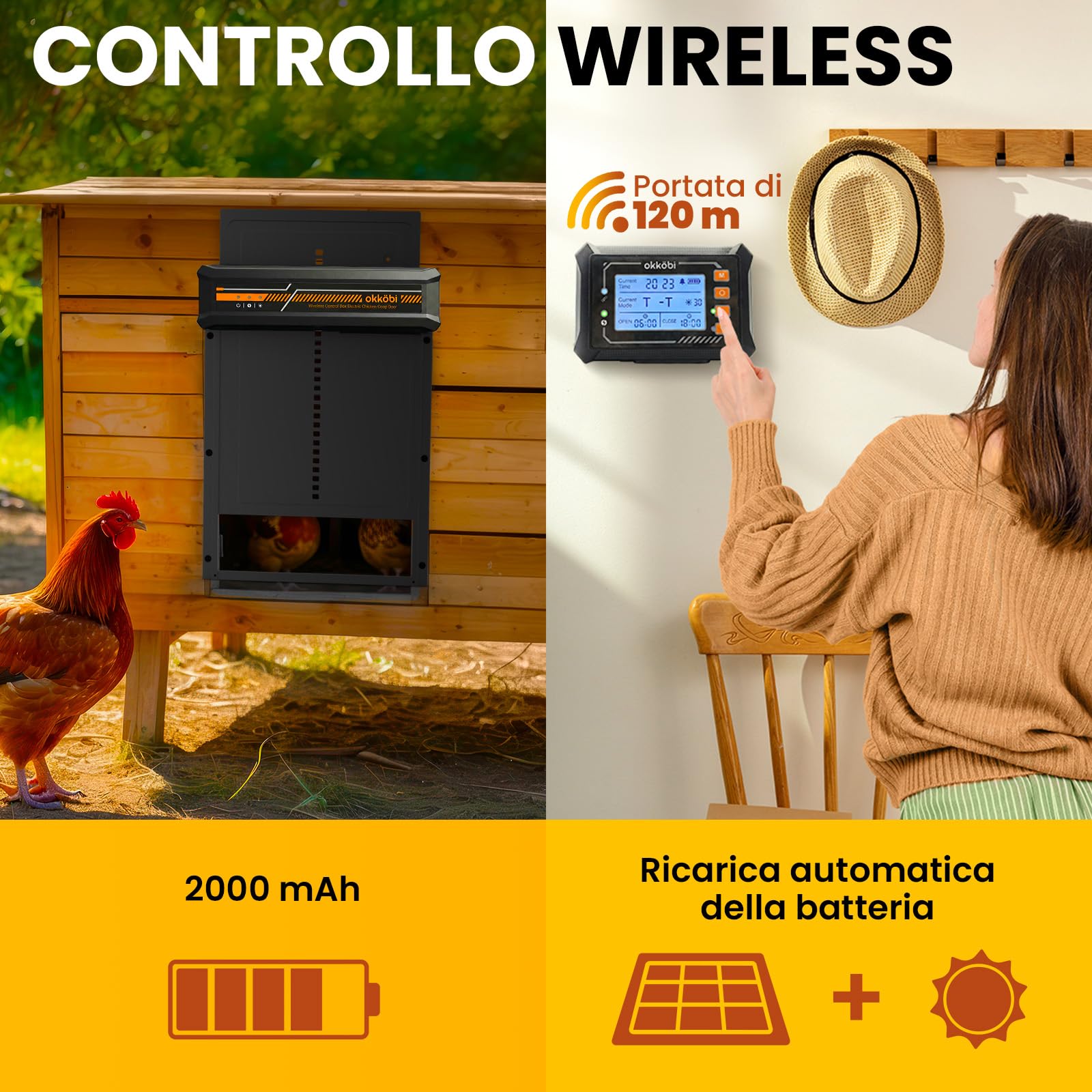 Chicken Coop Door Wireless Display LCD, Timer e Sensore di Luce | Porta Automatica per Pollaio Solare con Centralina, Resistente ai Predatori, 27,5 36,15 CM, Impermeabile - Nero