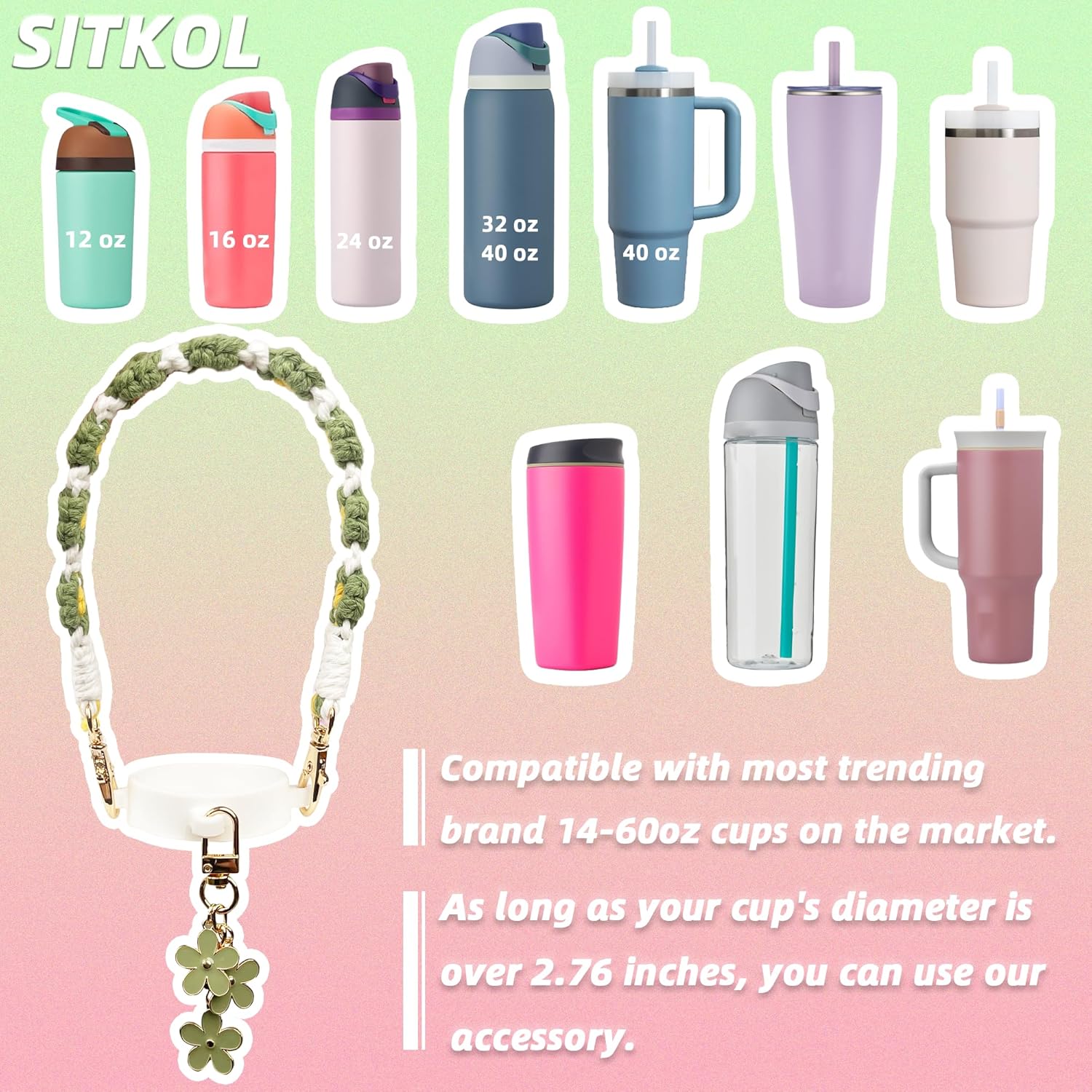 Handle Strap and Charm Set for Owala Water Bottle 24 oz, 32 oz, 40 oz, Owala Kids, Owala Coffee Tumbler, Owala FreeSip – Includes Handle Strap, for Owala Accessories & Stanley Cup Accessories - Image 2