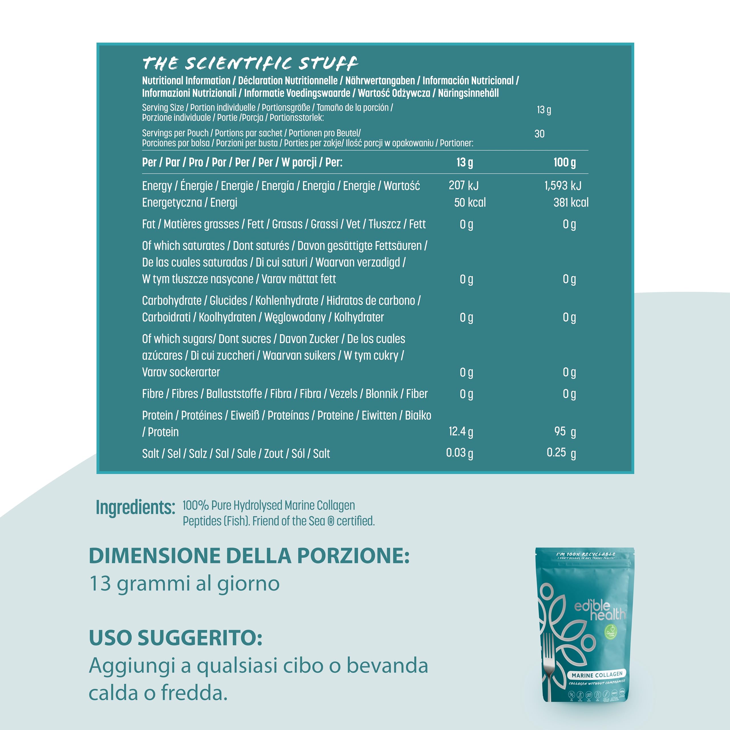 Edible Health Polvere di Collagene Marino Ad Alto Contenuto Proteico, Peptidi di Collagene per la Dieta e l'Uso Quotidiano, Collagene Marino Senza Carboidrati, 1Kg, Sacchetto di 75 Giorni
