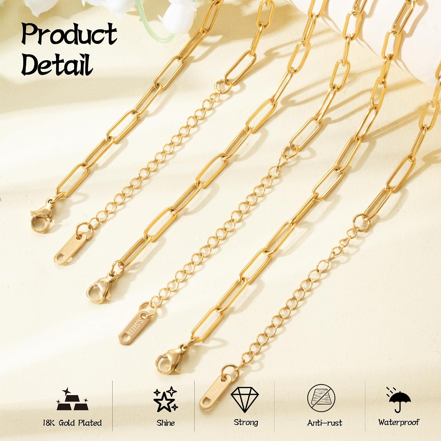 10PCS 4mm 18K Gold Plated 16Inch Paperclip Chain Necklace for Women with 10PCS Alloy Charm Gold Satinless Steel Paperclip Charm Necklace Chain Bulk Bow Crown Love Necklaces